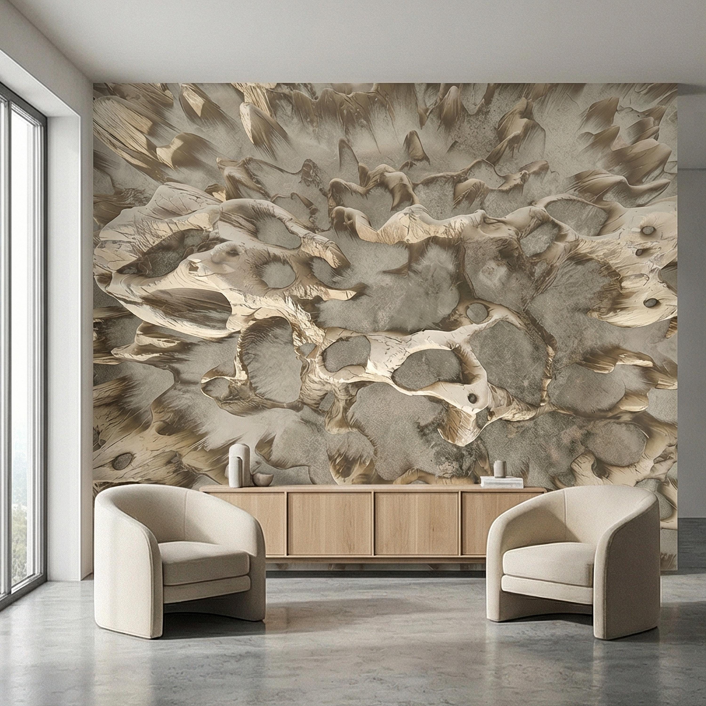 Abstract Organic Texture Peel and Stick Wall Mural, Sculptural Bone Stone Relief, Neutral Beige Taupe 3D Fossil Form Textured Wallpaper