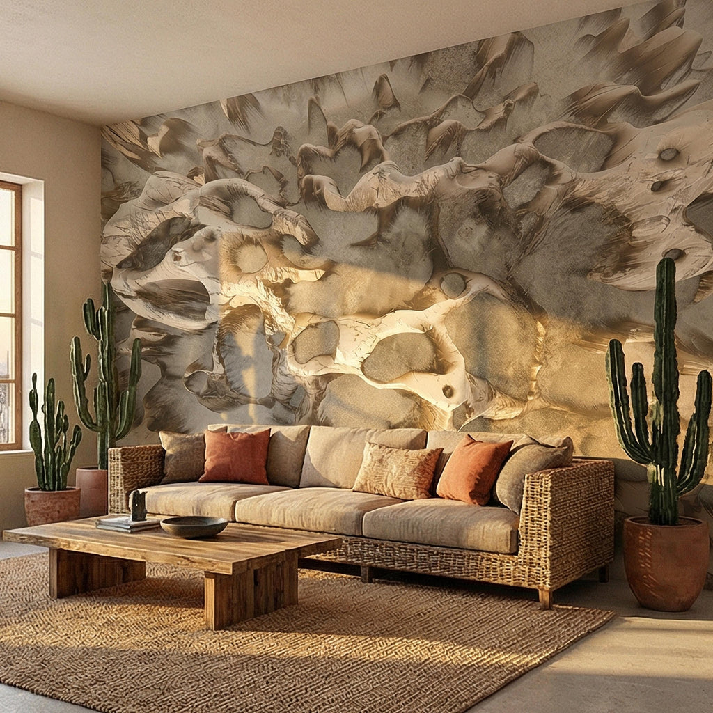 Abstract Organic Texture Peel and Stick Wall Mural, Sculptural Bone Stone Relief, Neutral Beige Taupe 3D Fossil Form Textured Wallpaper