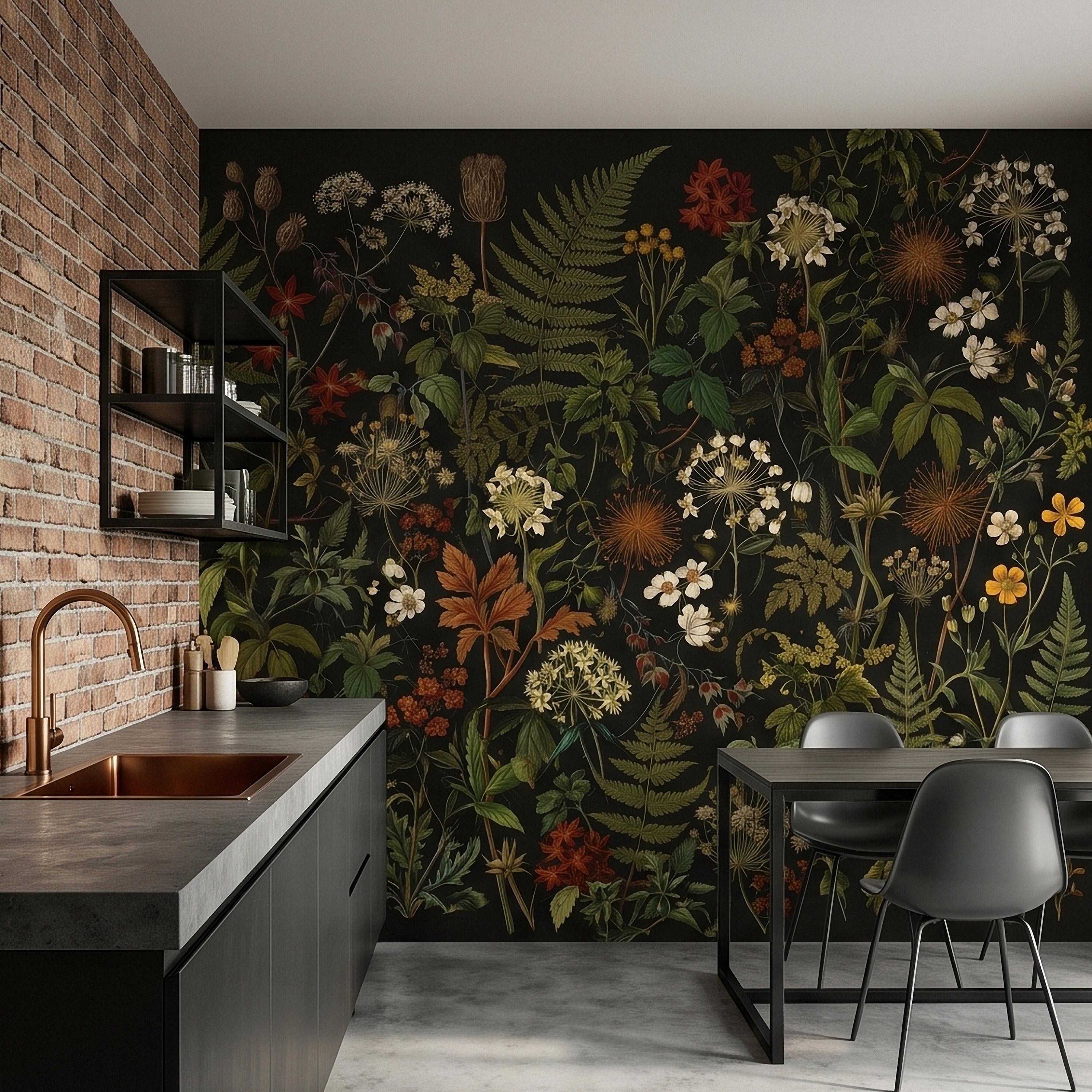 Dark Botanical Wildflower Peel and Stick Wall Mural Vintage Herbarium Ferns and Field Flowers on Black Night Garden Cottage Floral Wallpaper