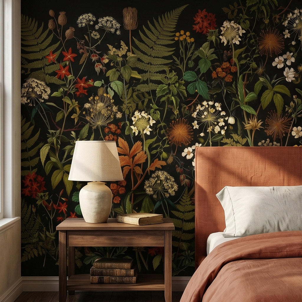 Dark Botanical Wildflower Peel and Stick Wall Mural Vintage Herbarium Ferns and Field Flowers on Black Night Garden Cottage Floral Wallpaper