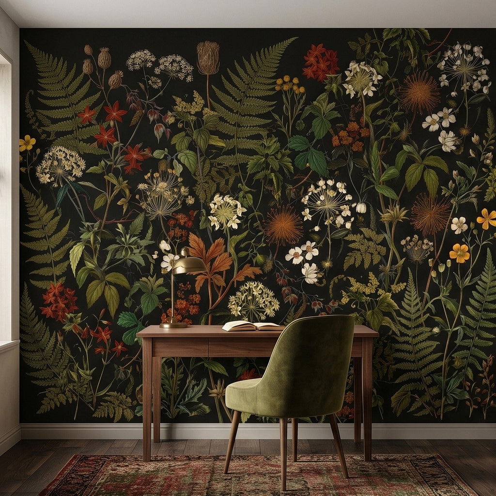 Dark Botanical Wildflower Peel and Stick Wall Mural Vintage Herbarium Ferns and Field Flowers on Black Night Garden Cottage Floral Wallpaper