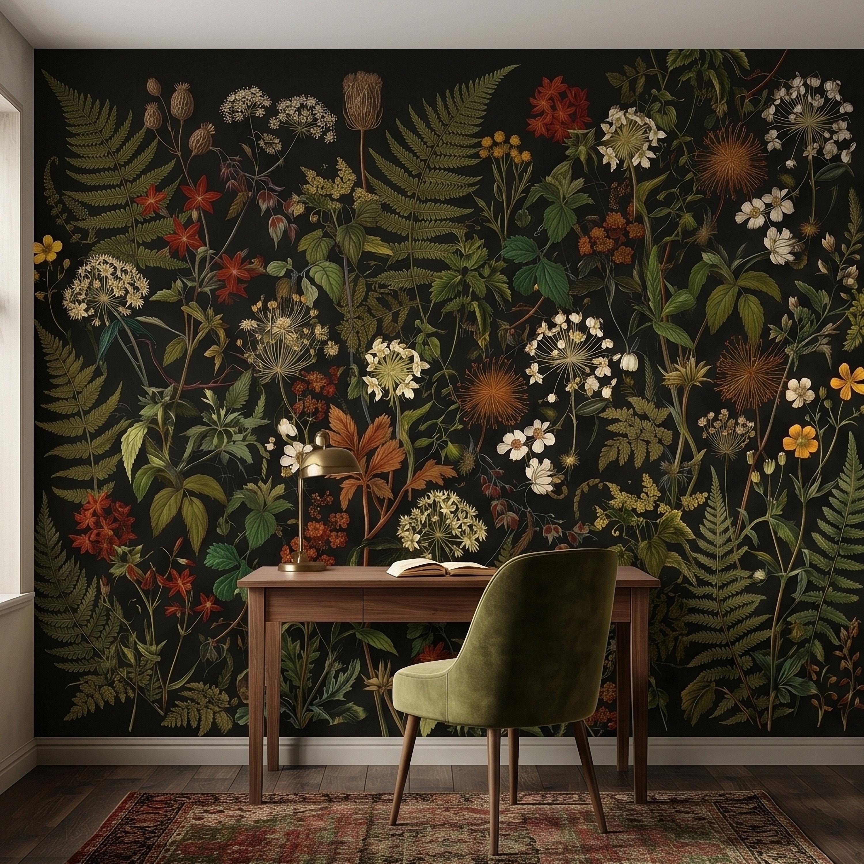 Dark Botanical Wildflower Peel and Stick Wall Mural Vintage Herbarium Ferns and Field Flowers on Black Night Garden Cottage Floral Wallpaper