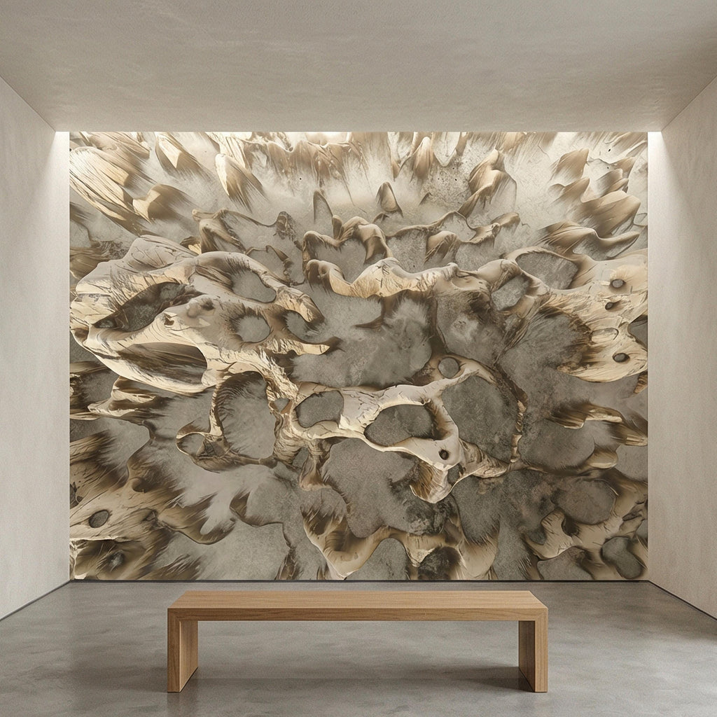 Abstract Organic Texture Peel and Stick Wall Mural, Sculptural Bone Stone Relief, Neutral Beige Taupe 3D Fossil Form Textured Wallpaper