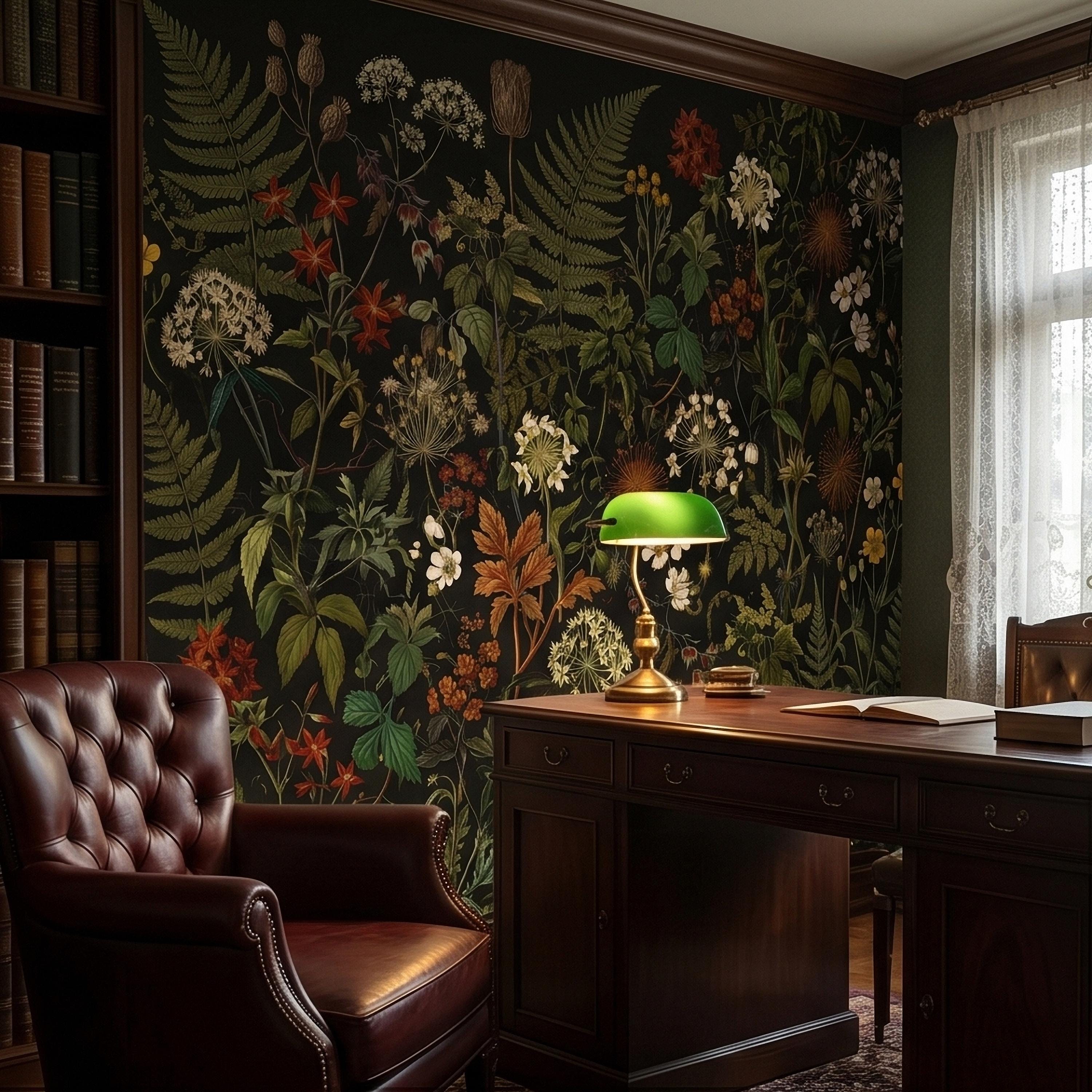Dark Botanical Wildflower Peel and Stick Wall Mural Vintage Herbarium Ferns and Field Flowers on Black Night Garden Cottage Floral Wallpaper