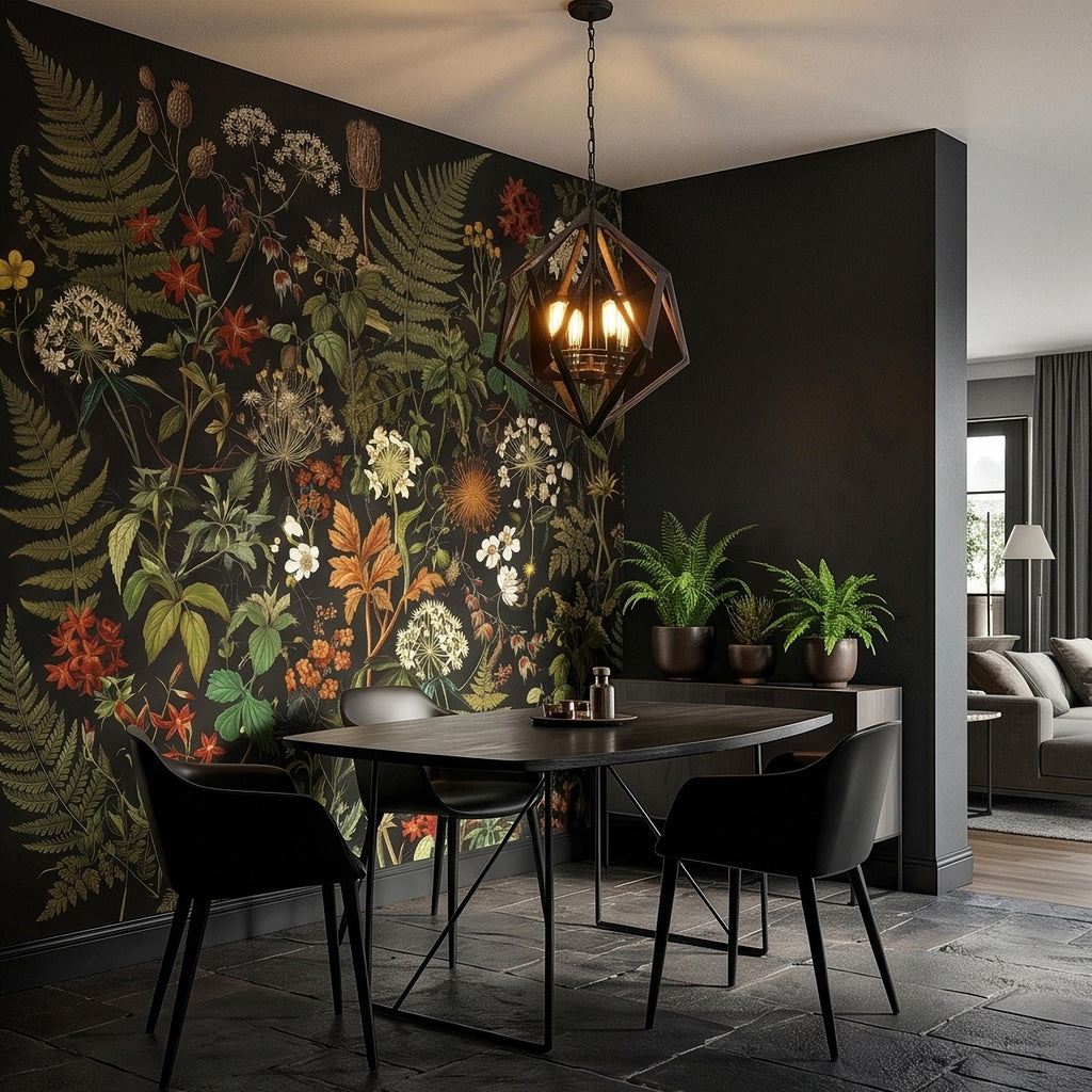 Dark Botanical Wildflower Peel and Stick Wall Mural Vintage Herbarium Ferns and Field Flowers on Black Night Garden Cottage Floral Wallpaper