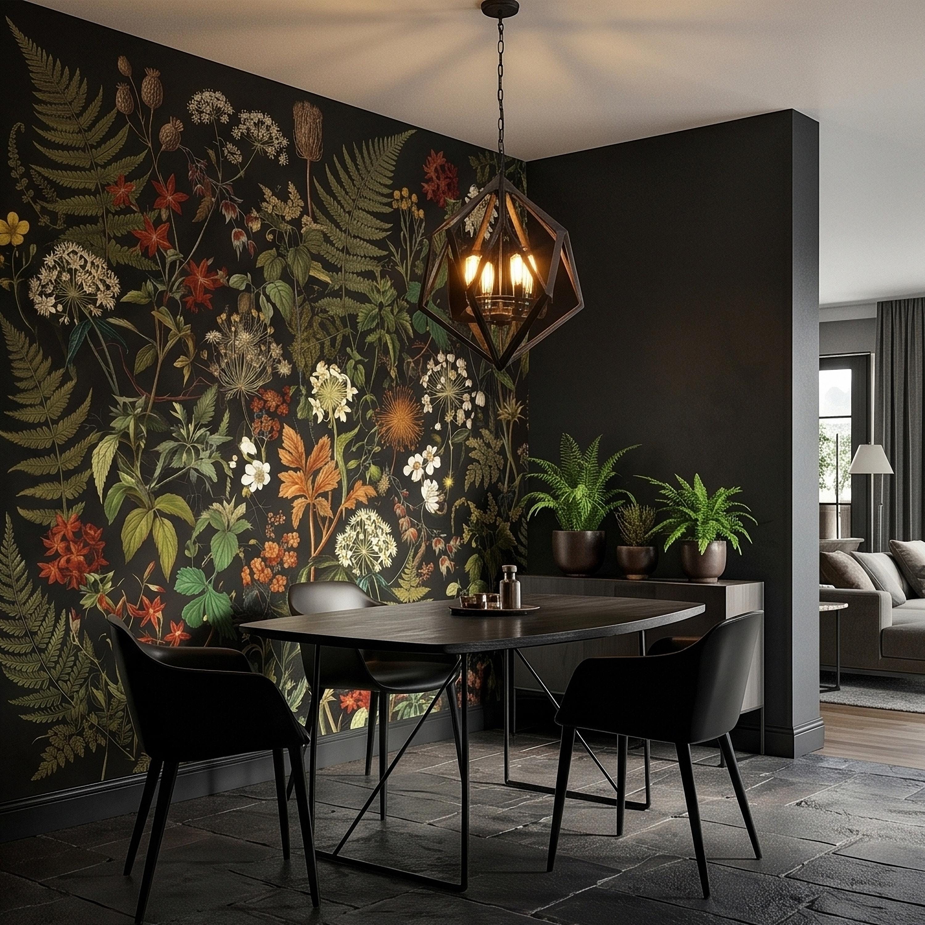 Dark Botanical Wildflower Peel and Stick Wall Mural Vintage Herbarium Ferns and Field Flowers on Black Night Garden Cottage Floral Wallpaper