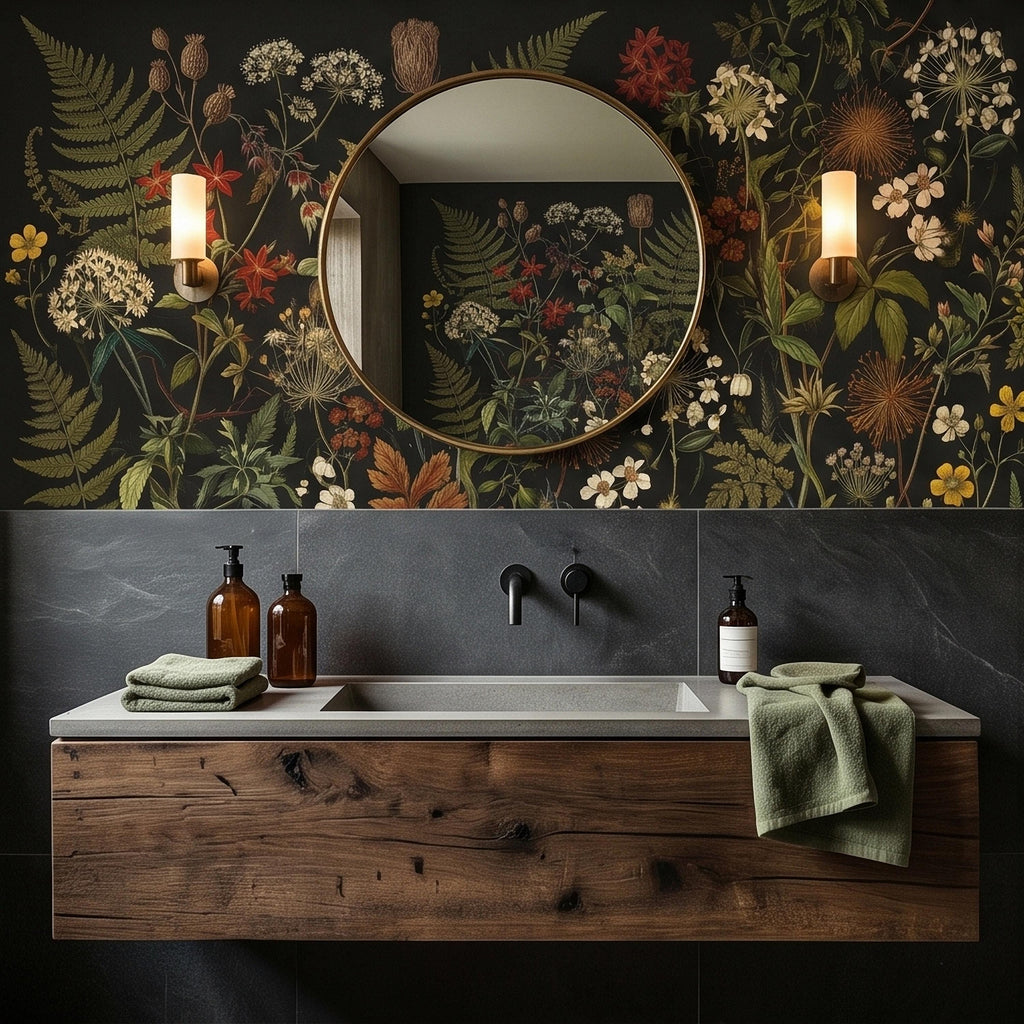 Dark Botanical Wildflower Peel and Stick Wall Mural Vintage Herbarium Ferns and Field Flowers on Black Night Garden Cottage Floral Wallpaper