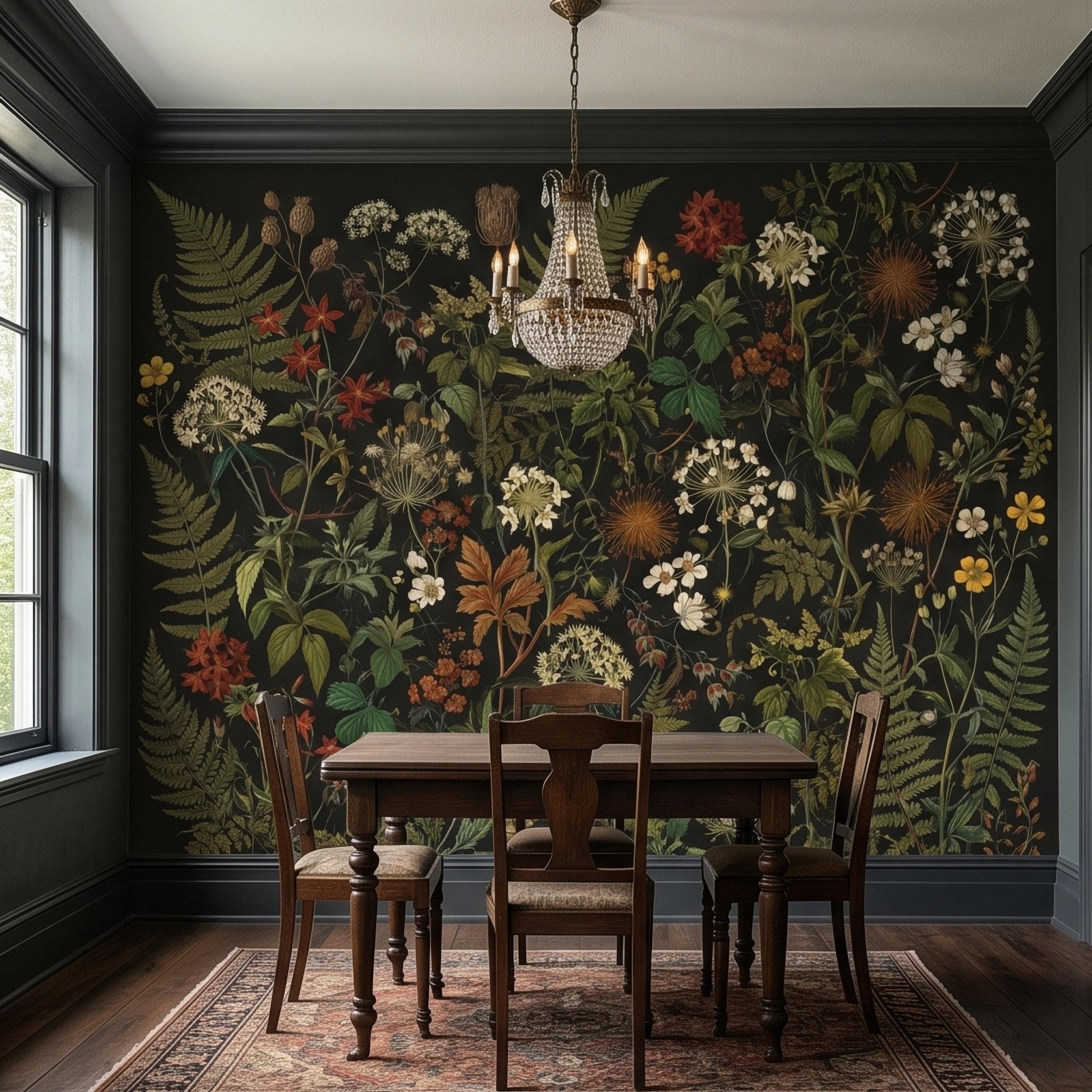 Dark Botanical Wildflower Peel and Stick Wall Mural Vintage Herbarium Ferns and Field Flowers on Black Night Garden Cottage Floral Wallpaper