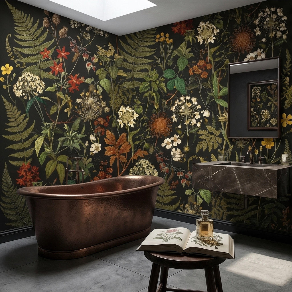 Dark Botanical Wildflower Peel and Stick Wall Mural Vintage Herbarium Ferns and Field Flowers on Black Night Garden Cottage Floral Wallpaper