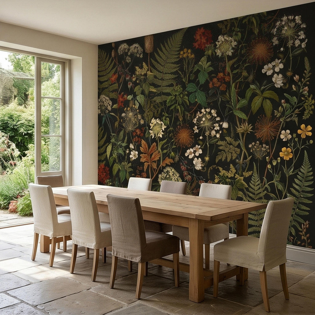 Dark Botanical Wildflower Peel and Stick Wall Mural Vintage Herbarium Ferns and Field Flowers on Black Night Garden Cottage Floral Wallpaper