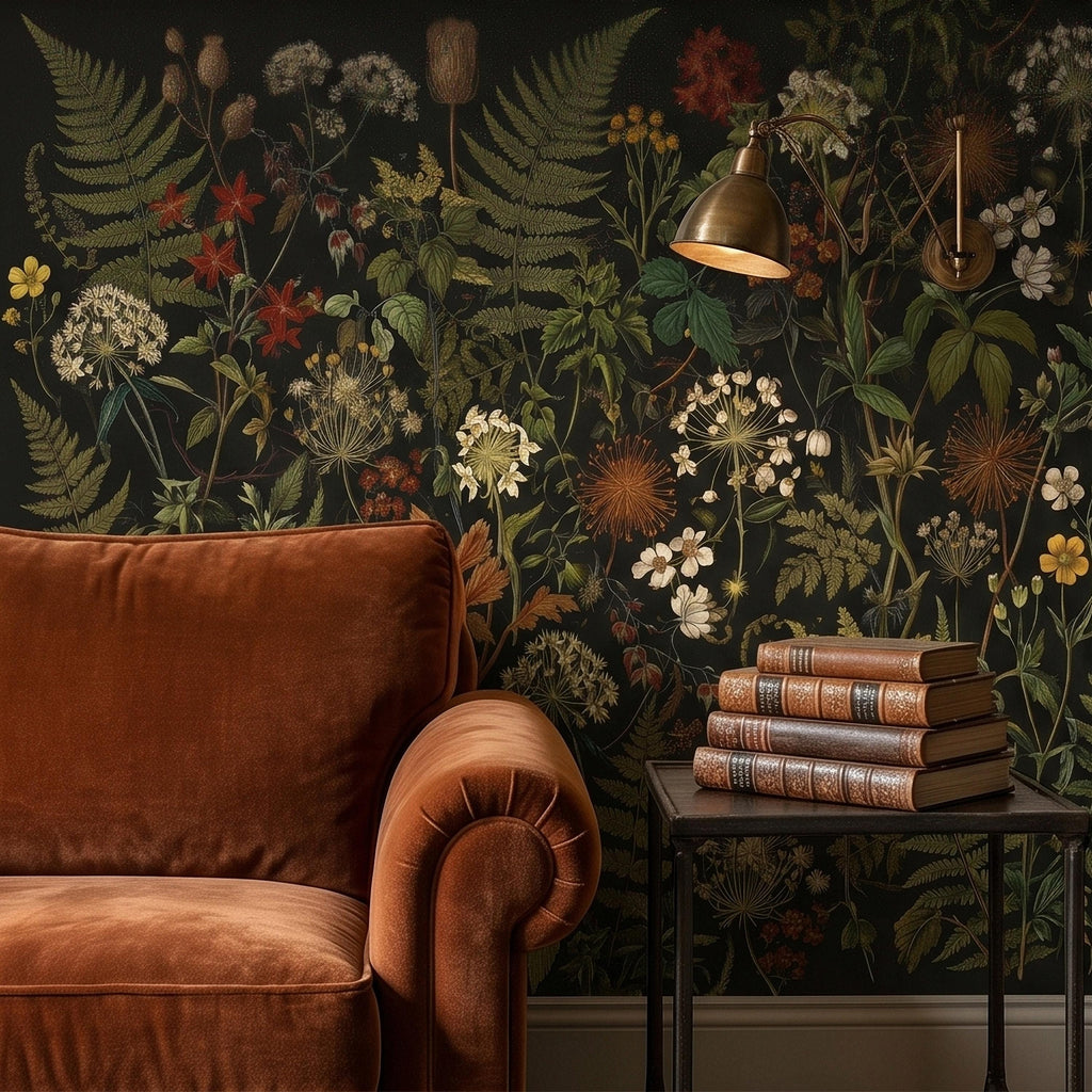Dark Botanical Wildflower Peel and Stick Wall Mural Vintage Herbarium Ferns and Field Flowers on Black Night Garden Cottage Floral Wallpaper