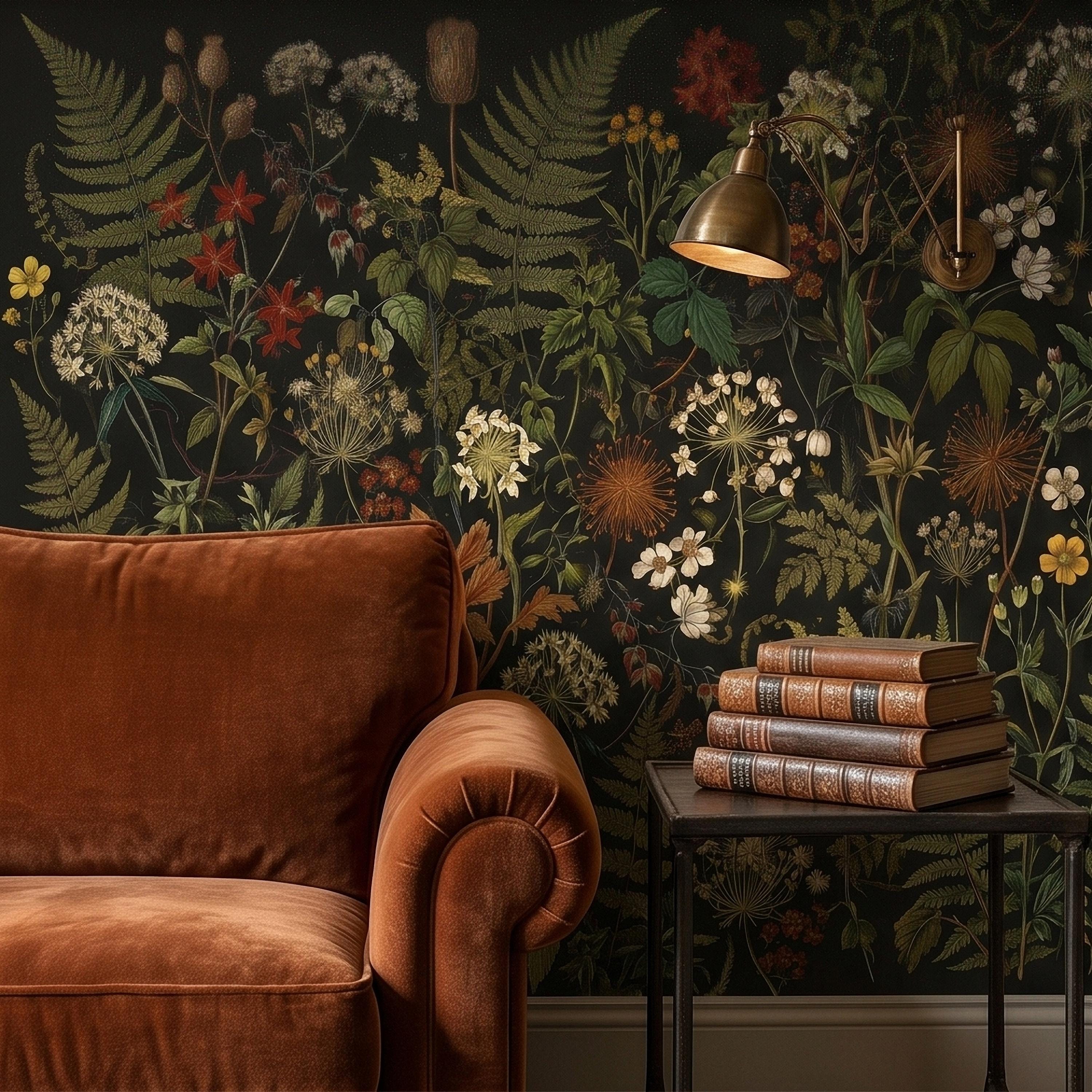 Dark Botanical Wildflower Peel and Stick Wall Mural Vintage Herbarium Ferns and Field Flowers on Black Night Garden Cottage Floral Wallpaper