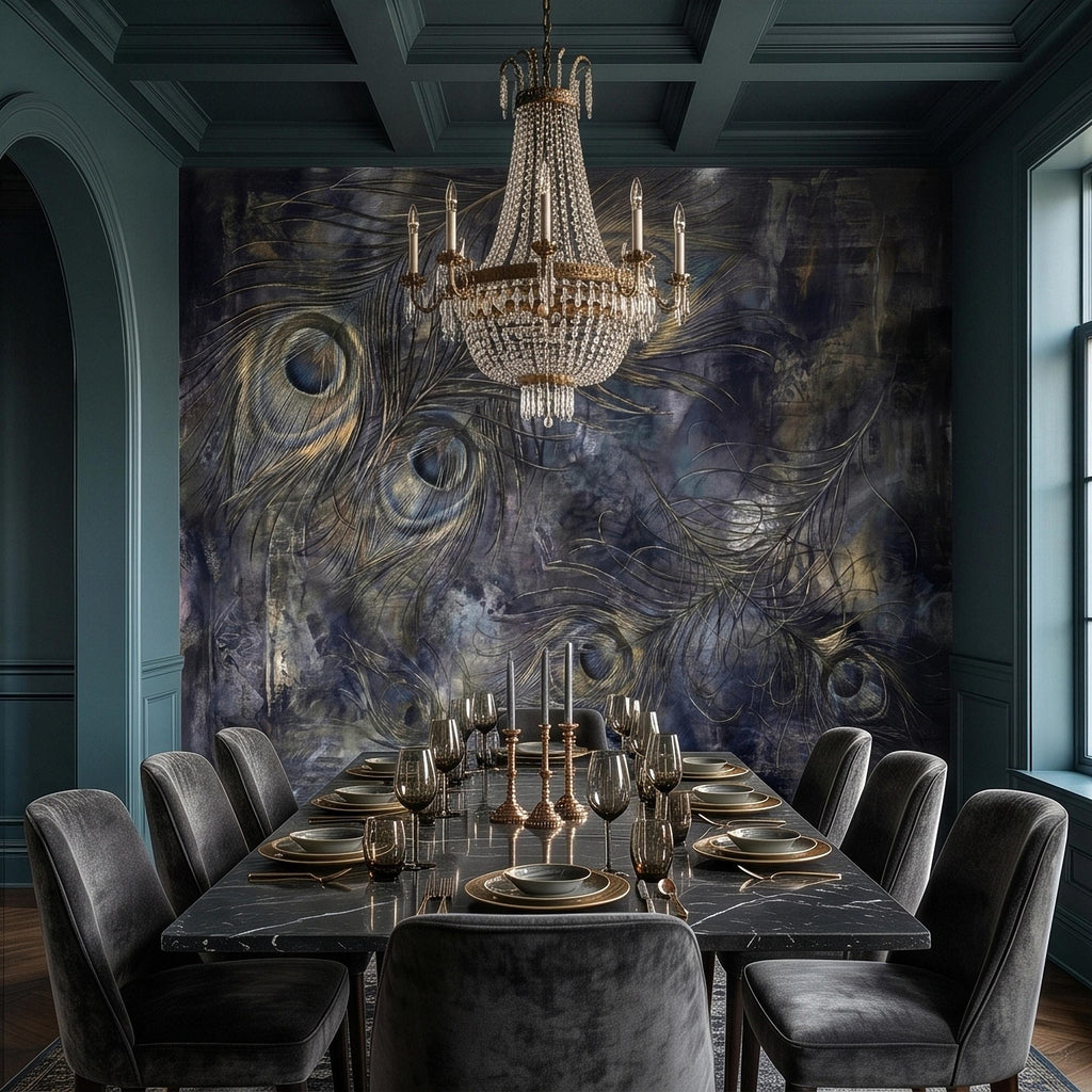 Peacock Feather Peel and Stick Wall Mural, Dark Moody Blue Gray Abstract Painterly Texture, Gilded Gold Feathers, Glam Art Deco Wallpaper