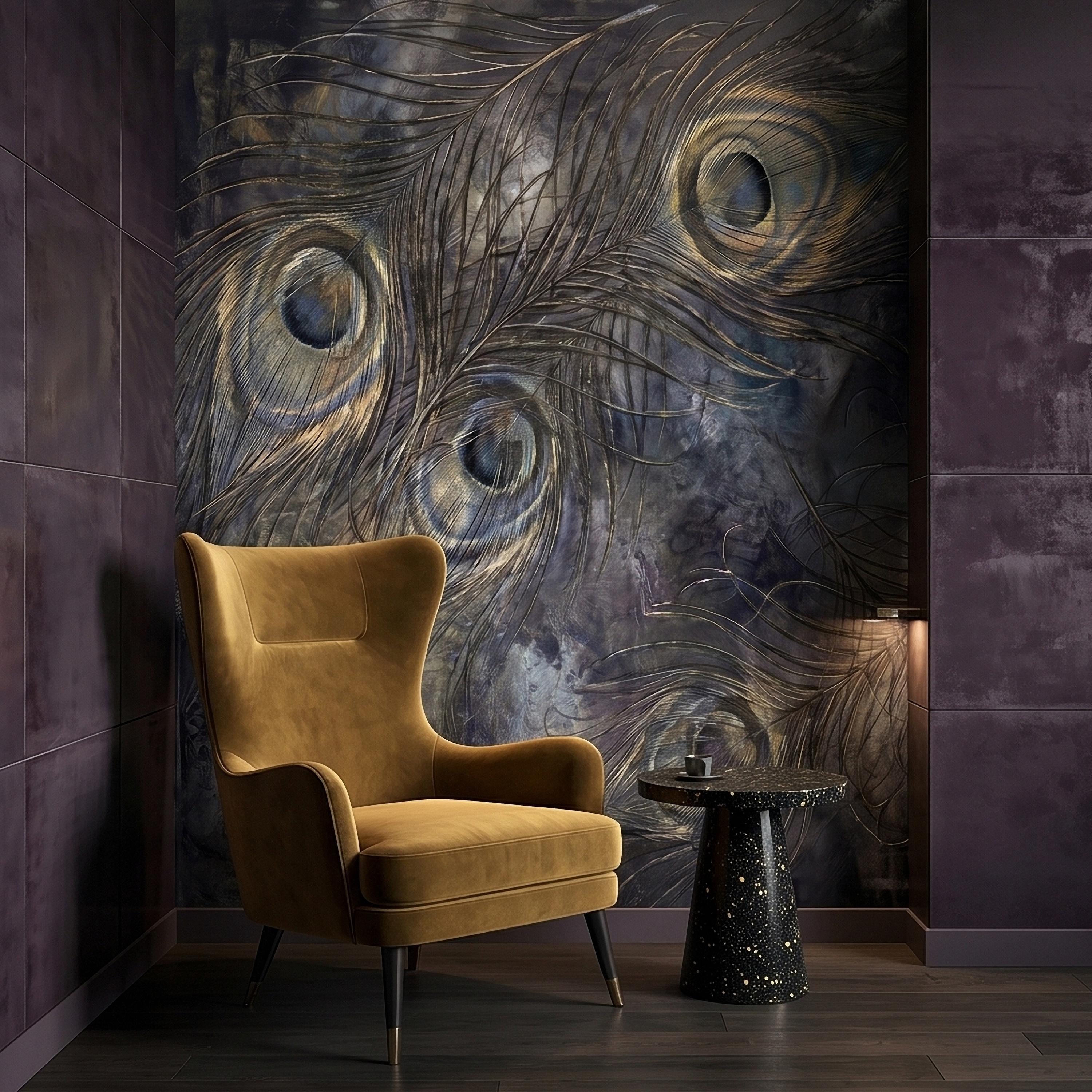 Peacock Feather Peel and Stick Wall Mural, Dark Moody Blue Gray Abstract Painterly Texture, Gilded Gold Feathers, Glam Art Deco Wallpaper