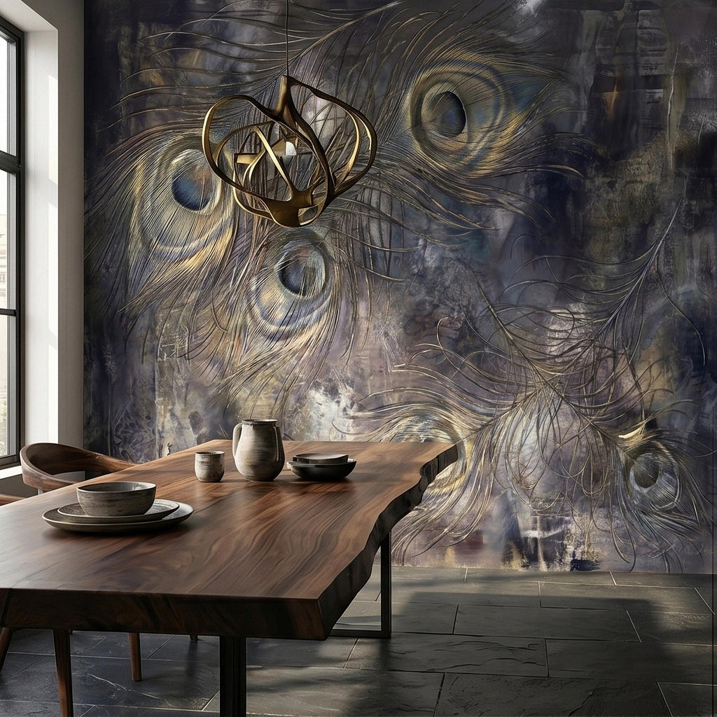 Peacock Feather Peel and Stick Wall Mural, Dark Moody Blue Gray Abstract Painterly Texture, Gilded Gold Feathers, Glam Art Deco Wallpaper