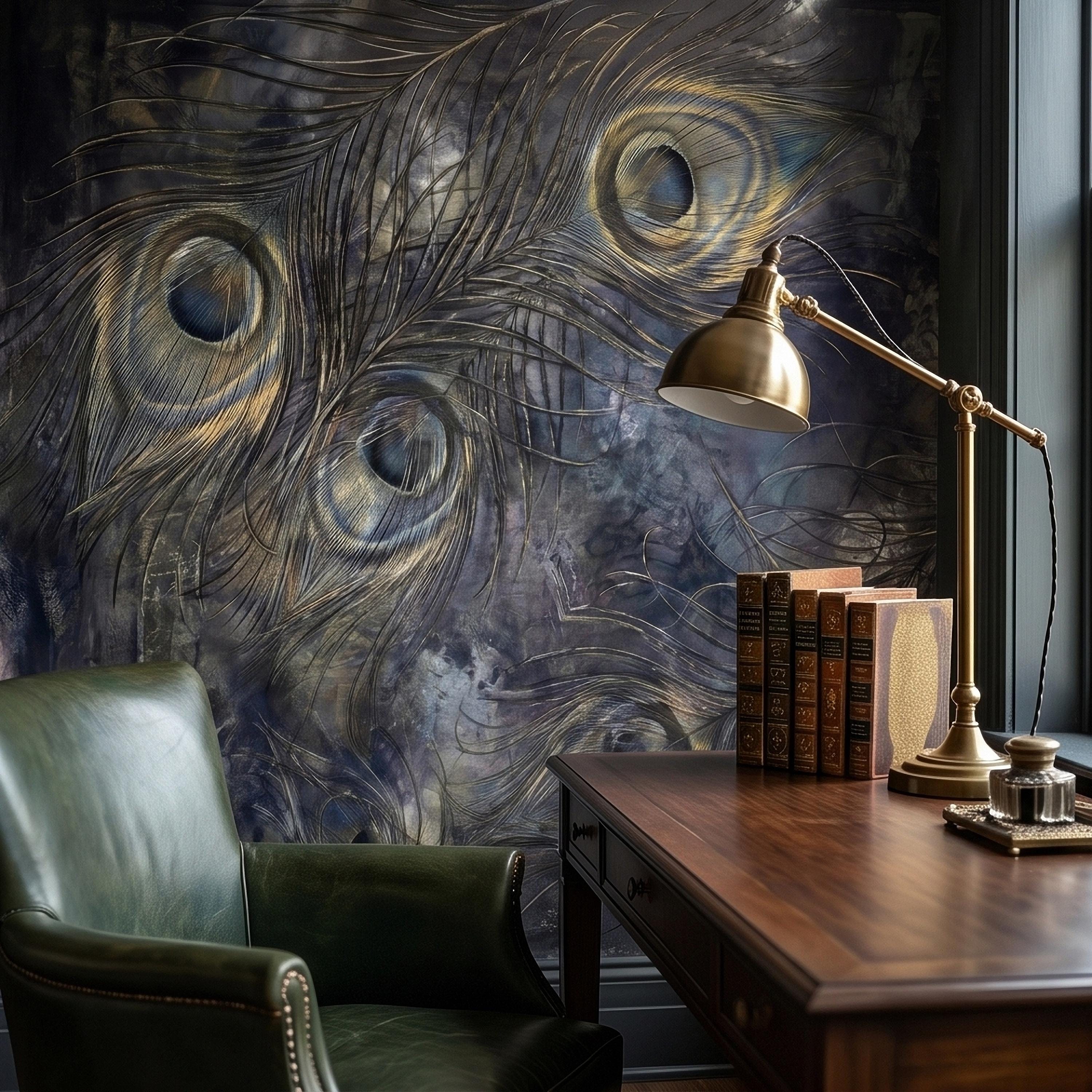 Peacock Feather Peel and Stick Wall Mural, Dark Moody Blue Gray Abstract Painterly Texture, Gilded Gold Feathers, Glam Art Deco Wallpaper