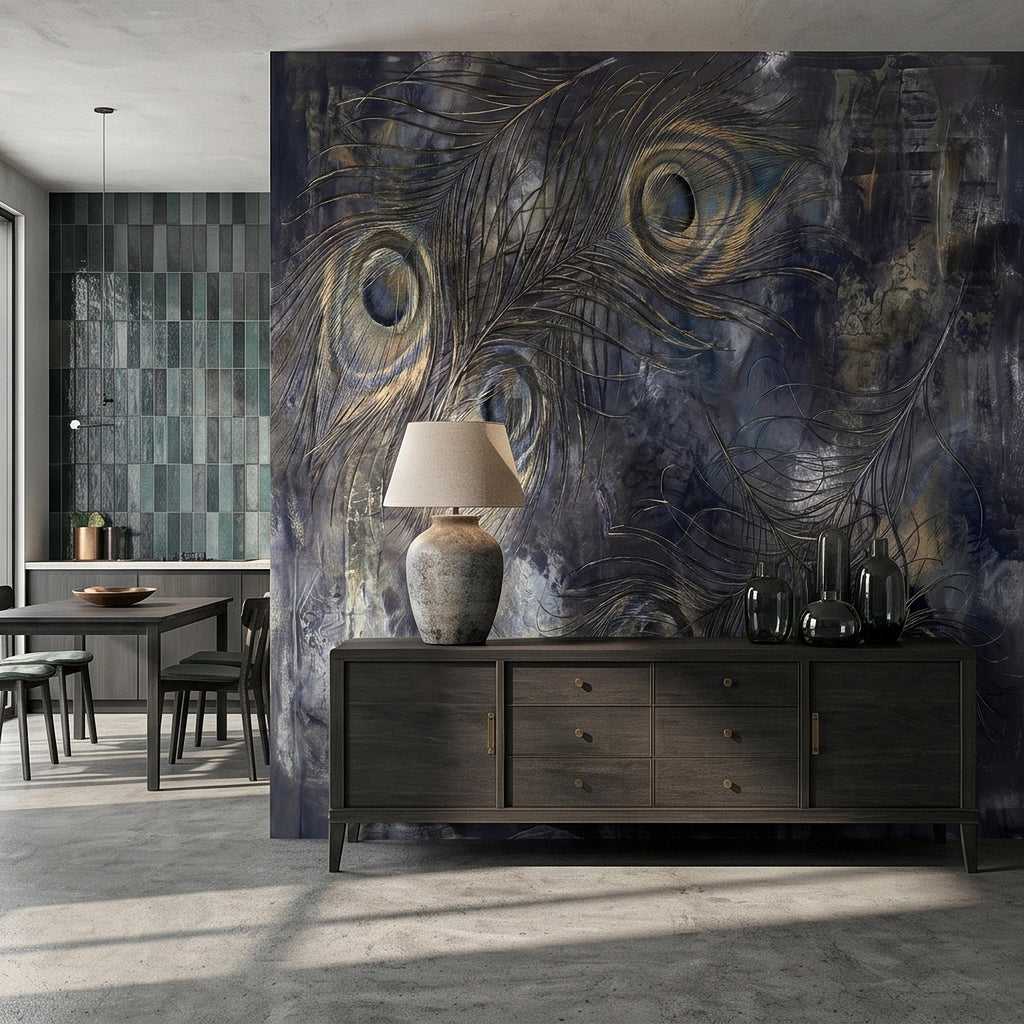 Peacock Feather Peel and Stick Wall Mural, Dark Moody Blue Gray Abstract Painterly Texture, Gilded Gold Feathers, Glam Art Deco Wallpaper