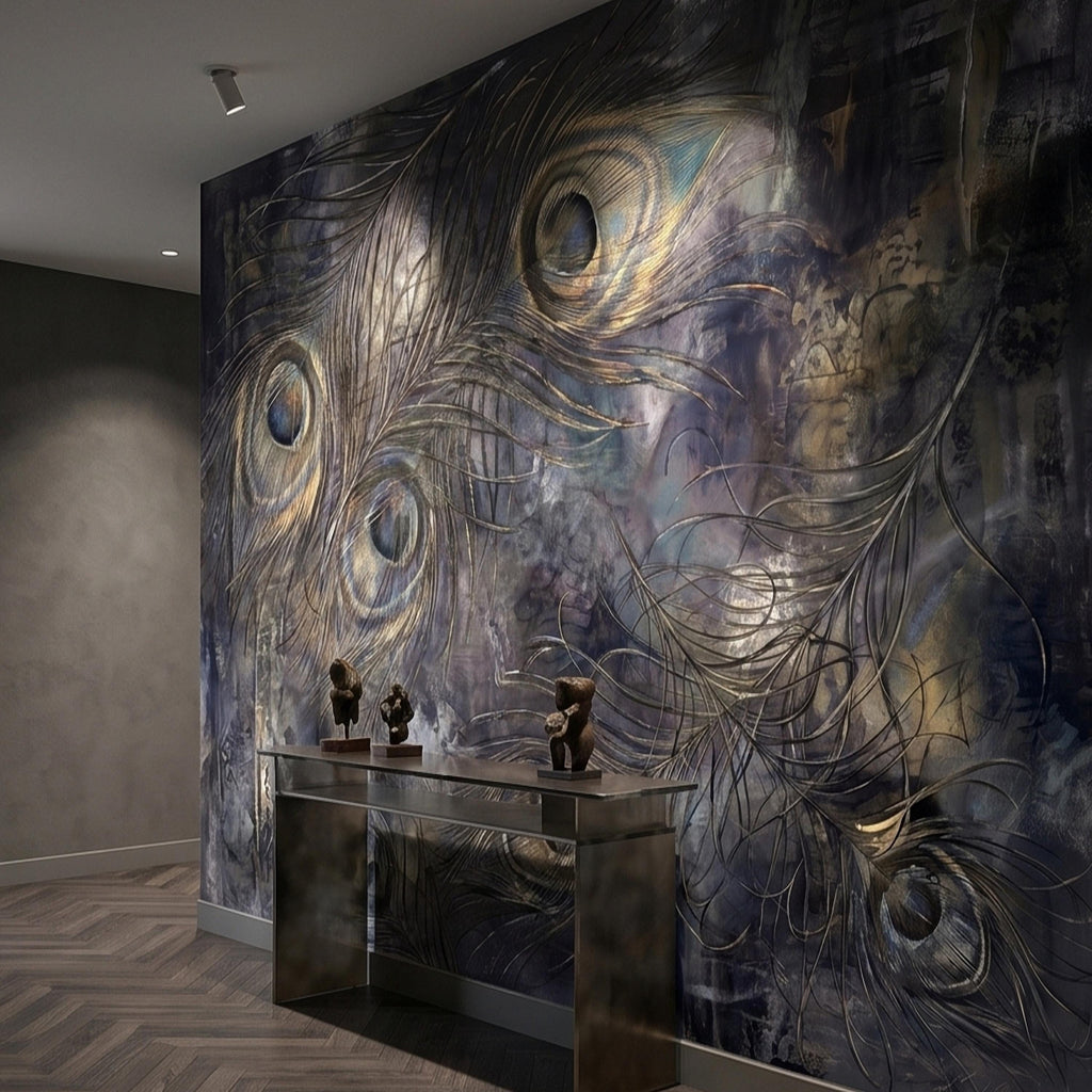 Peacock Feather Peel and Stick Wall Mural, Dark Moody Blue Gray Abstract Painterly Texture, Gilded Gold Feathers, Glam Art Deco Wallpaper