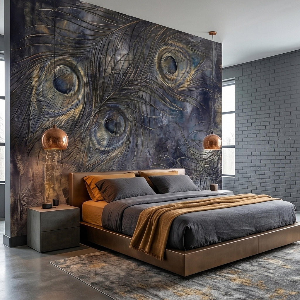 Peacock Feather Peel and Stick Wall Mural, Dark Moody Blue Gray Abstract Painterly Texture, Gilded Gold Feathers, Glam Art Deco Wallpaper
