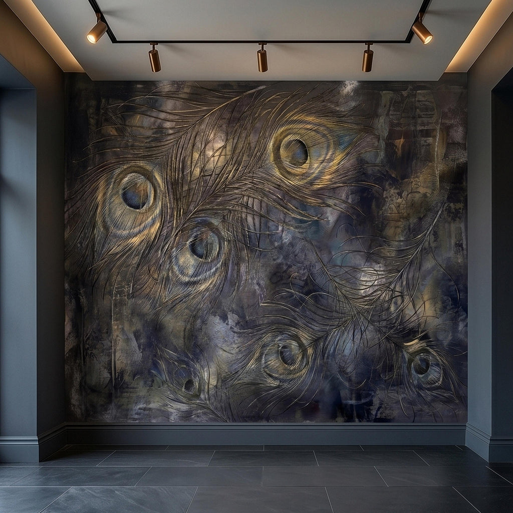 Peacock Feather Peel and Stick Wall Mural, Dark Moody Blue Gray Abstract Painterly Texture, Gilded Gold Feathers, Glam Art Deco Wallpaper