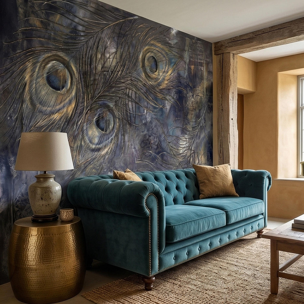 Peacock Feather Peel and Stick Wall Mural, Dark Moody Blue Gray Abstract Painterly Texture, Gilded Gold Feathers, Glam Art Deco Wallpaper