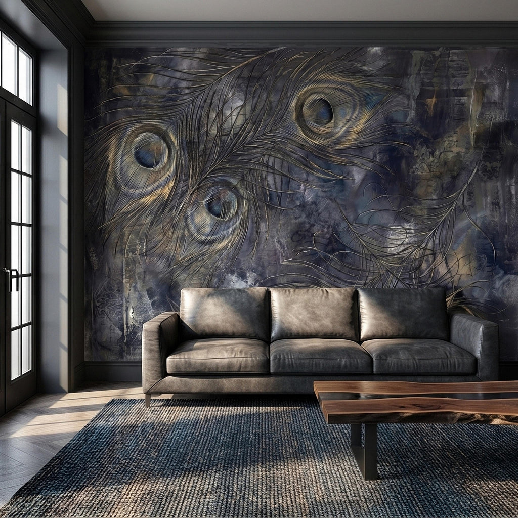 Peacock Feather Peel and Stick Wall Mural, Dark Moody Blue Gray Abstract Painterly Texture, Gilded Gold Feathers, Glam Art Deco Wallpaper
