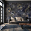 Peacock Feather Peel and Stick Wall Mural, Dark Moody Blue Gray Abstract Painterly Texture, Gilded Gold Feathers, Glam Art Deco Wallpaper