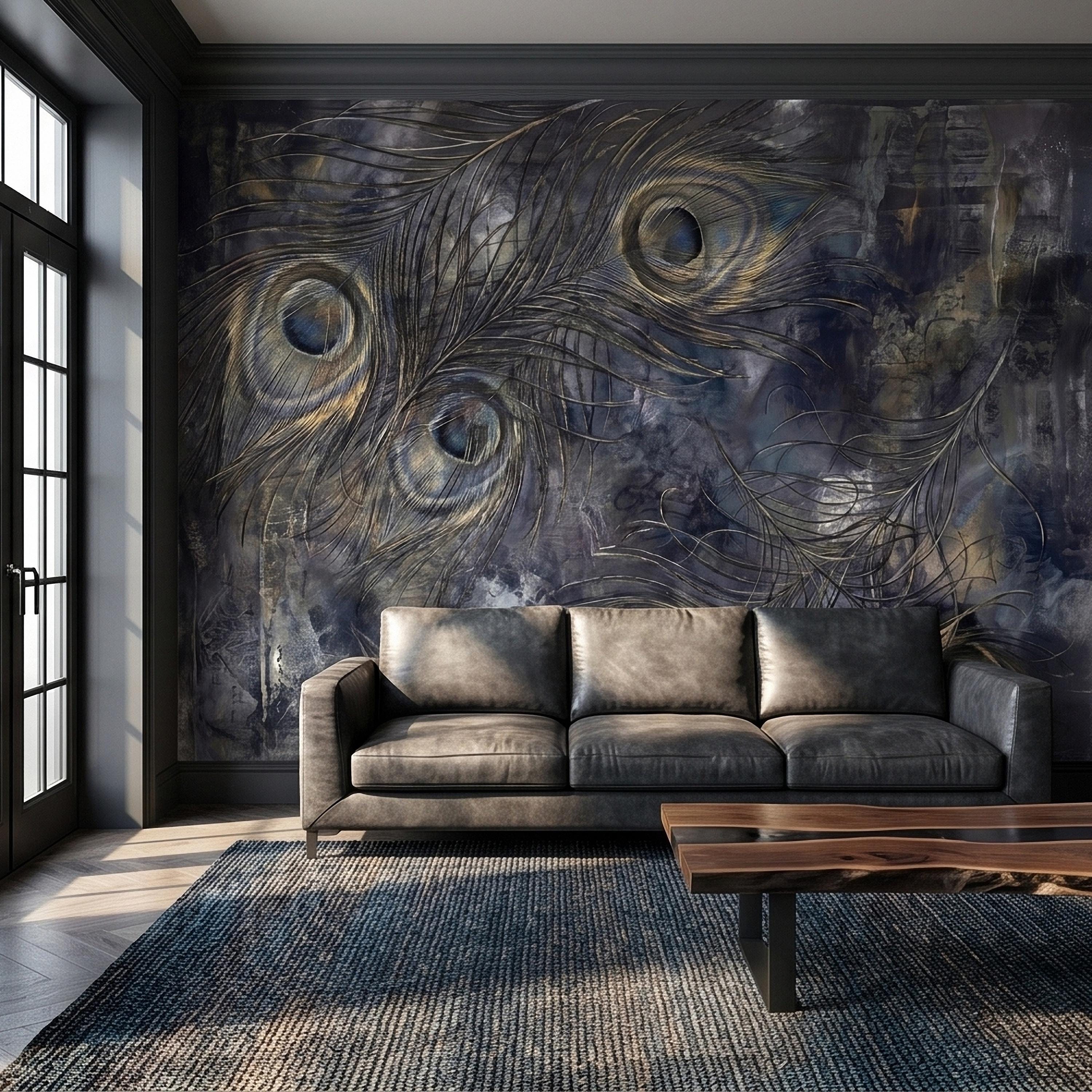 Peacock Feather Peel and Stick Wall Mural, Dark Moody Blue Gray Abstract Painterly Texture, Gilded Gold Feathers, Glam Art Deco Wallpaper