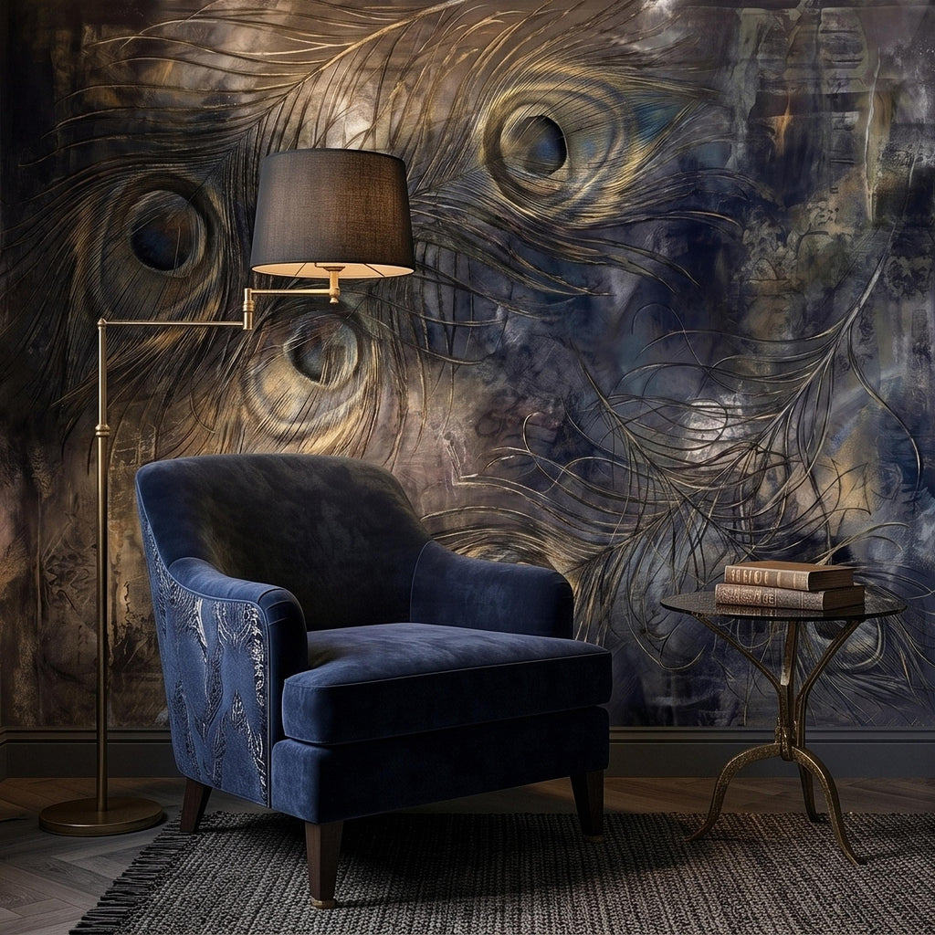 Peacock Feather Peel and Stick Wall Mural, Dark Moody Blue Gray Abstract Painterly Texture, Gilded Gold Feathers, Glam Art Deco Wallpaper
