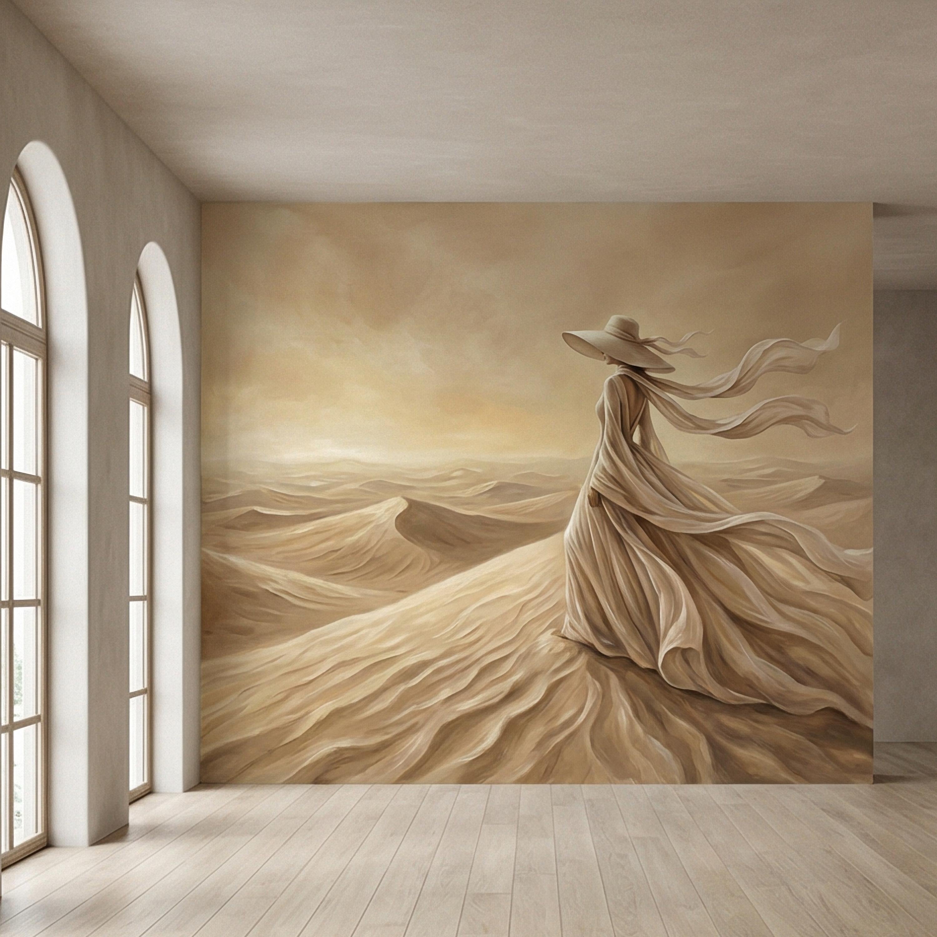 Desert Woman Peel and Stick Wall Mural, Ethereal Sand Dunes Scene, Neutral Beige Boho Figure, Windblown Dress Surreal Landscape Wallpaper