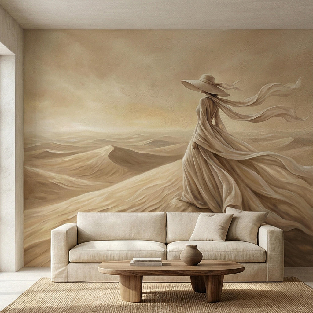 Desert Woman Peel and Stick Wall Mural, Ethereal Sand Dunes Scene, Neutral Beige Boho Figure, Windblown Dress Surreal Landscape Wallpaper