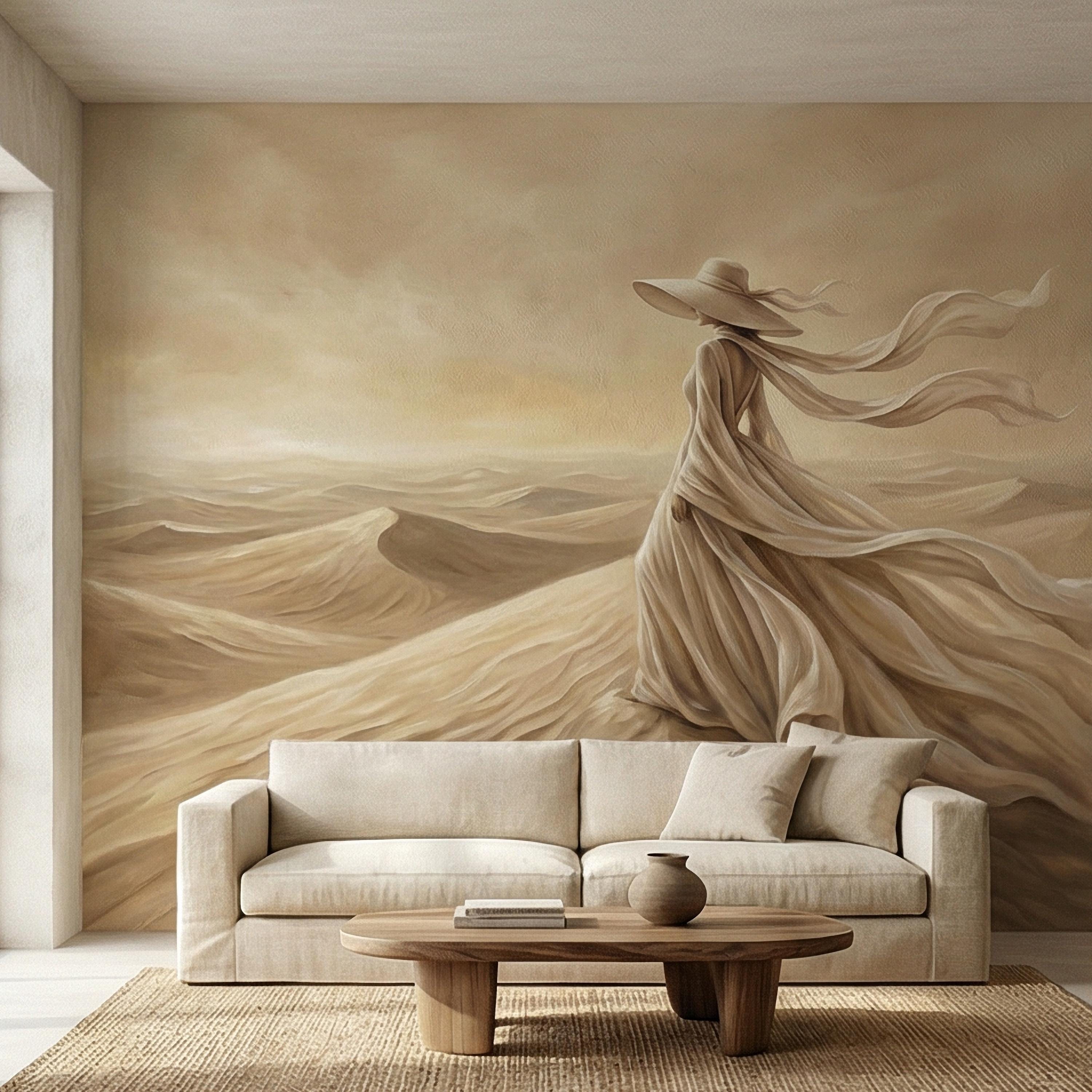 Desert Woman Peel and Stick Wall Mural, Ethereal Sand Dunes Scene, Neutral Beige Boho Figure, Windblown Dress Surreal Landscape Wallpaper