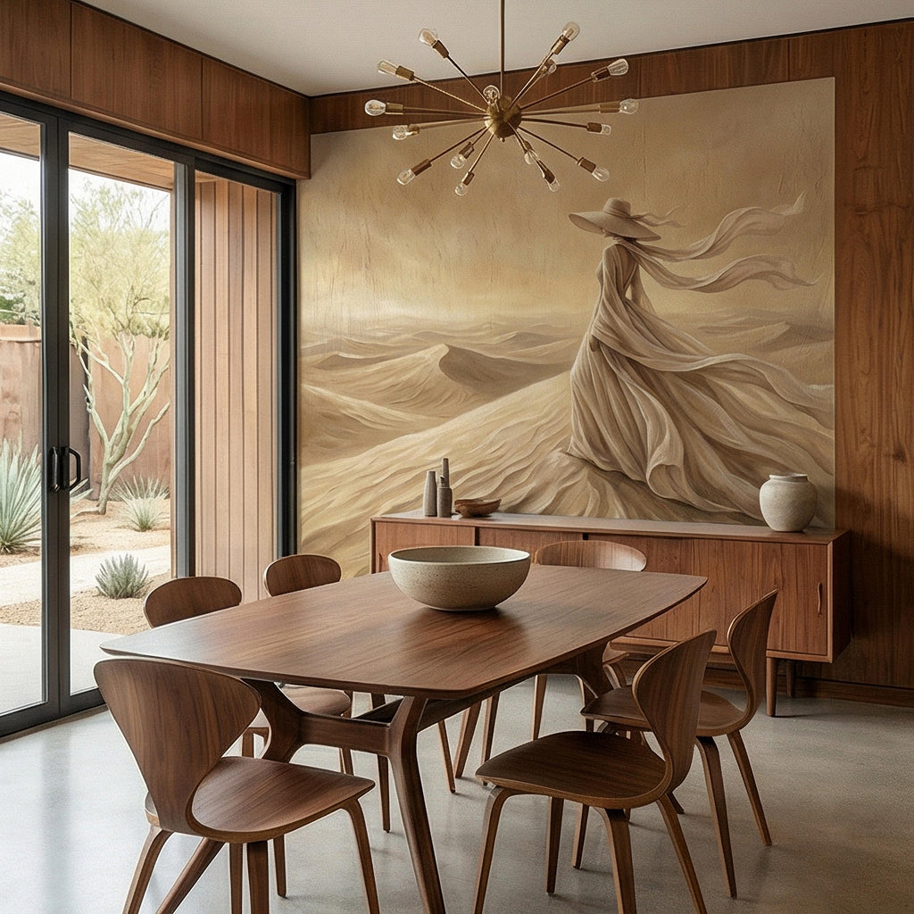 Desert Woman Peel and Stick Wall Mural, Ethereal Sand Dunes Scene, Neutral Beige Boho Figure, Windblown Dress Surreal Landscape Wallpaper