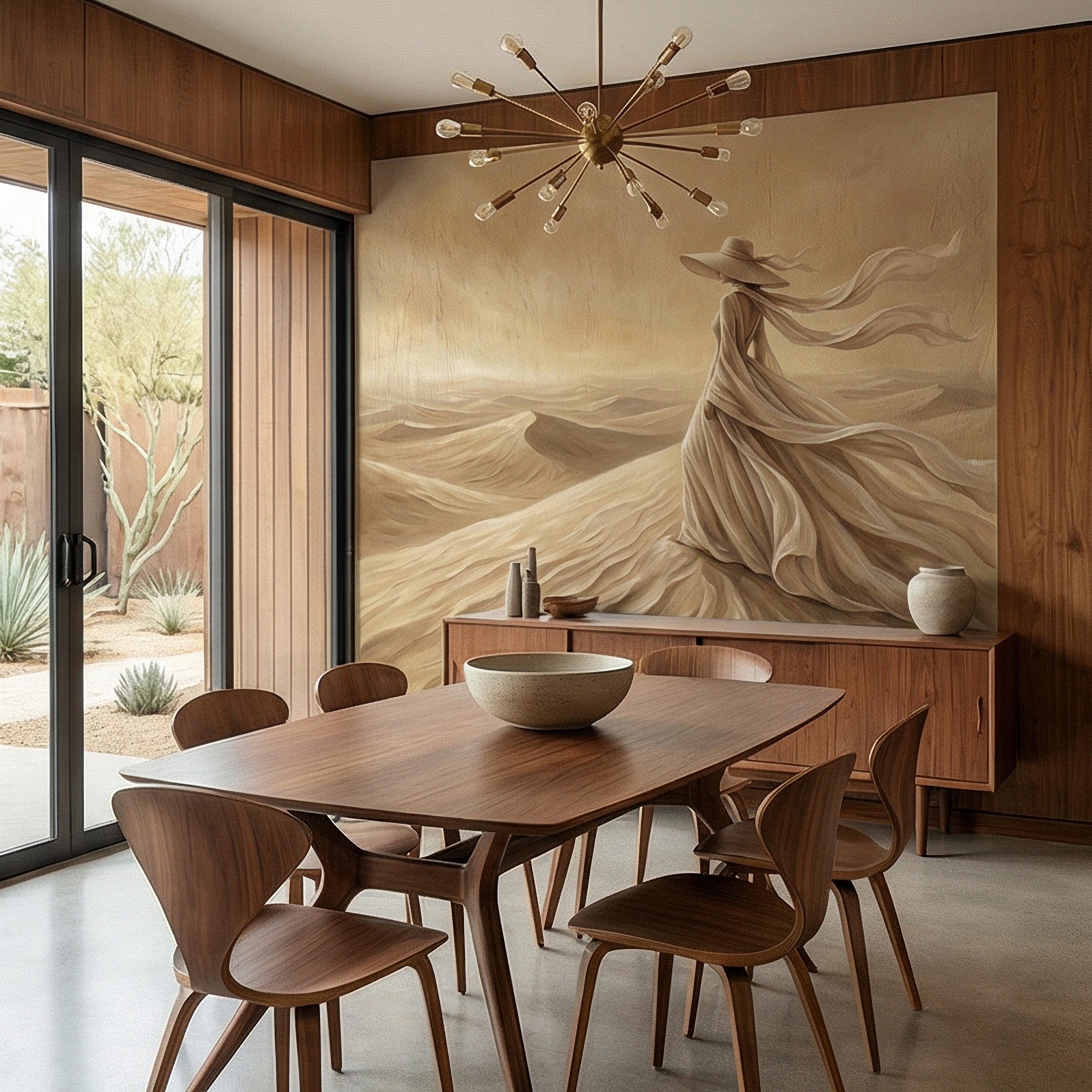 Desert Woman Peel and Stick Wall Mural, Ethereal Sand Dunes Scene, Neutral Beige Boho Figure, Windblown Dress Surreal Landscape Wallpaper