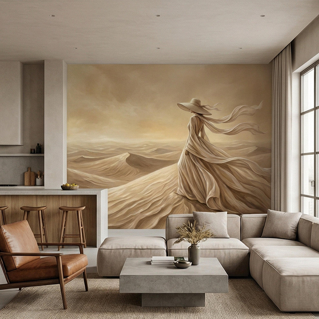 Desert Woman Peel and Stick Wall Mural, Ethereal Sand Dunes Scene, Neutral Beige Boho Figure, Windblown Dress Surreal Landscape Wallpaper
