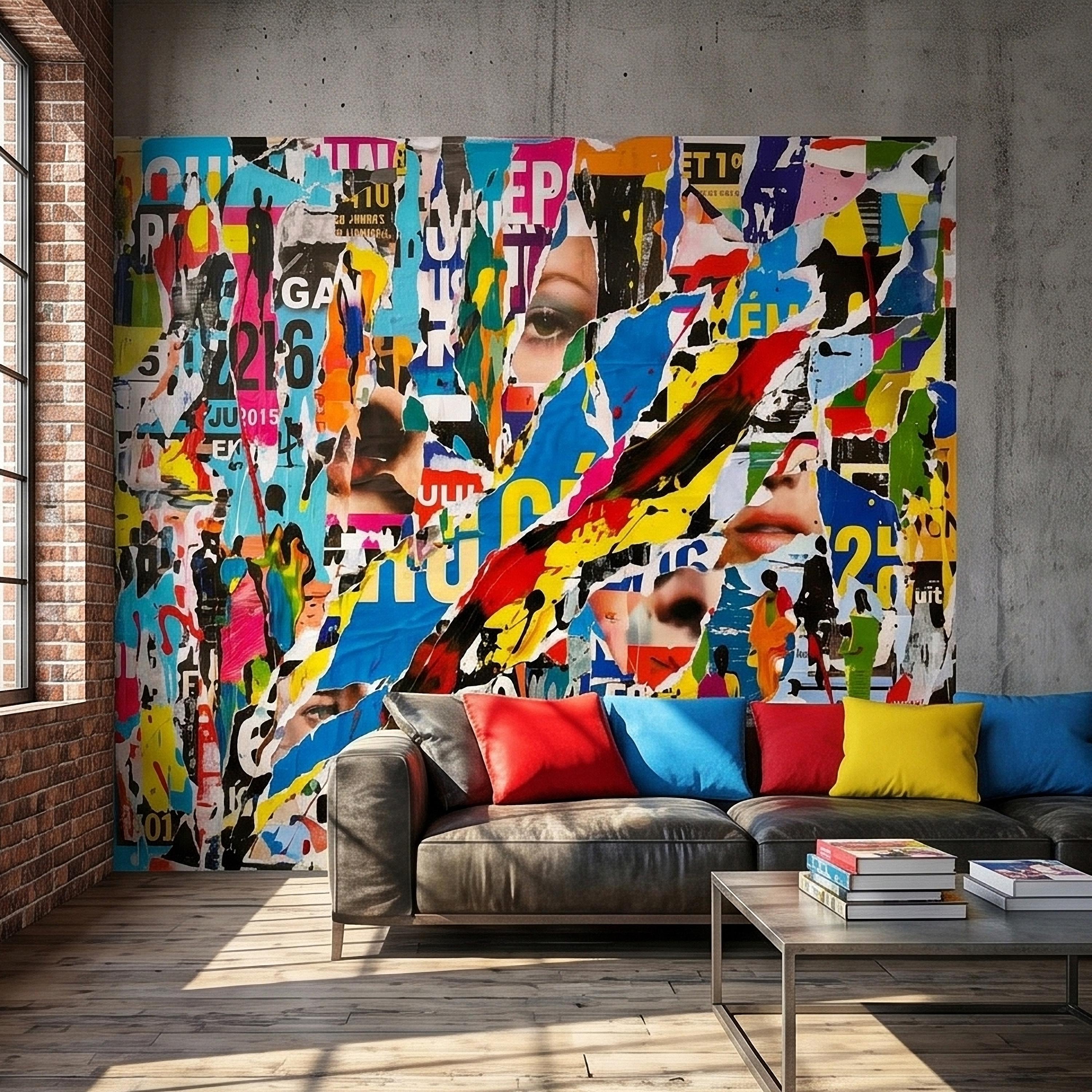 Street Art Torn Poster Collage Peel and Stick Wall Mural, Colorful Ripped Paper Pop Art Faces and Graffiti Layers, Urban Statement Wallpaper