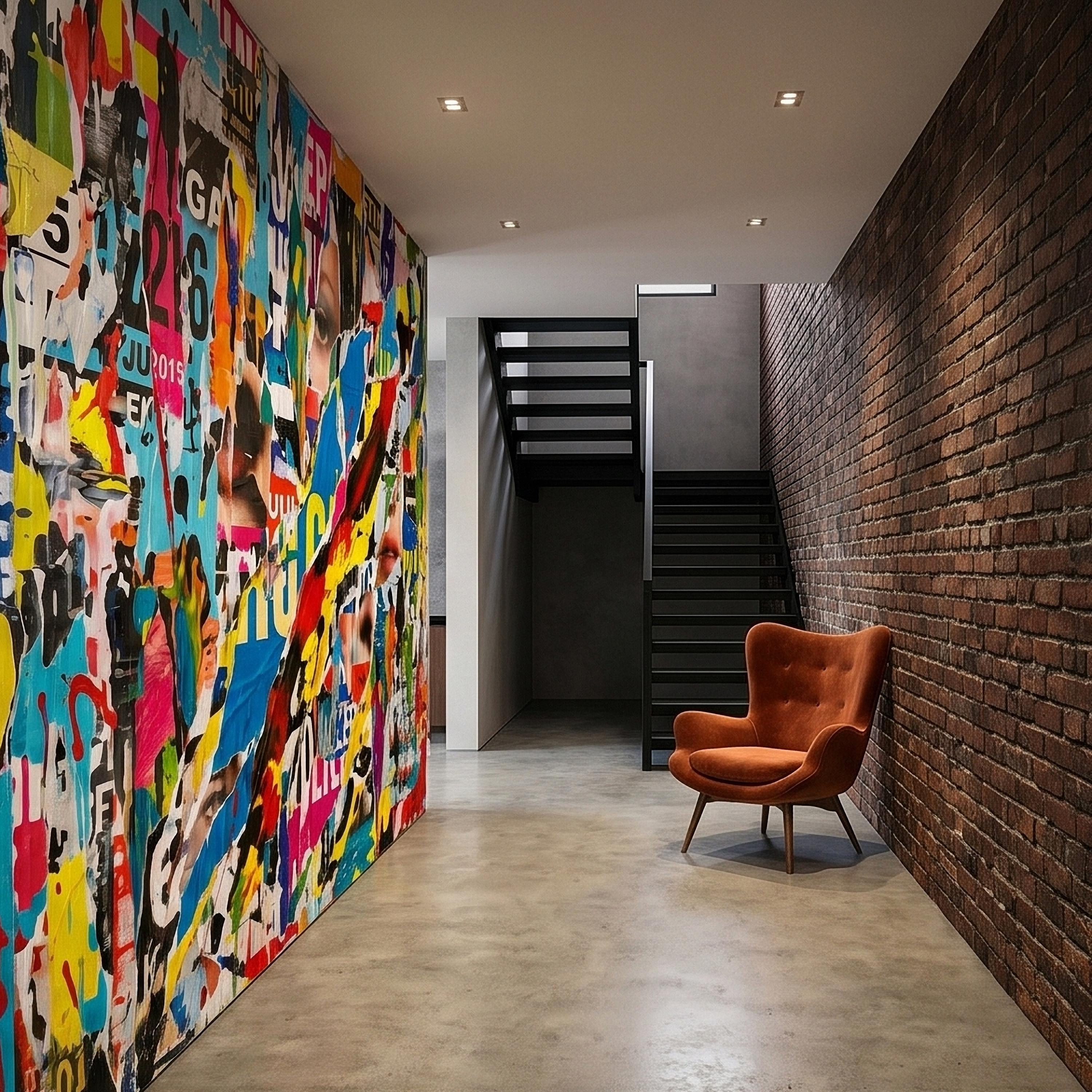 Street Art Torn Poster Collage Peel and Stick Wall Mural, Colorful Ripped Paper Pop Art Faces and Graffiti Layers, Urban Statement Wallpaper