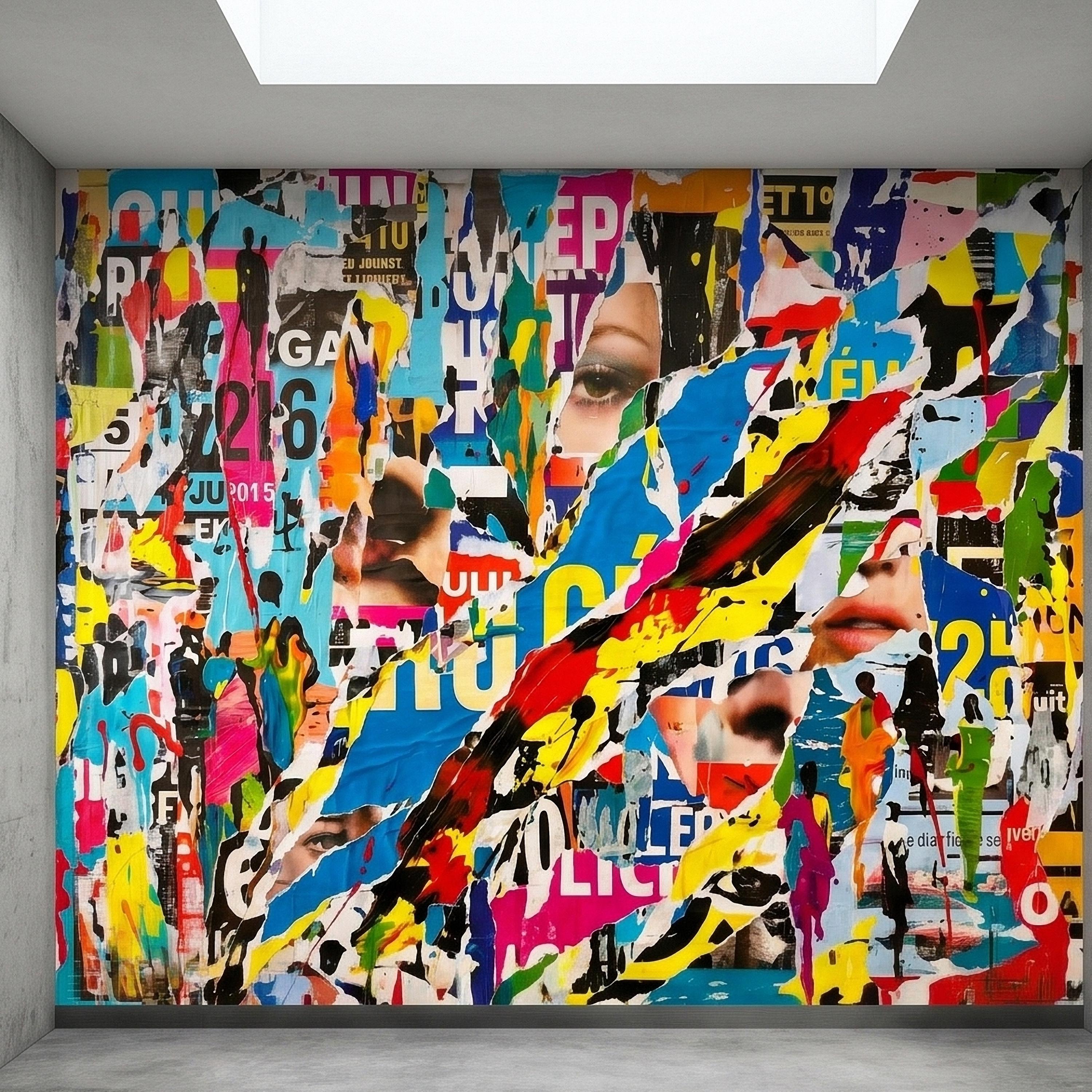 Street Art Torn Poster Collage Peel and Stick Wall Mural, Colorful Ripped Paper Pop Art Faces and Graffiti Layers, Urban Statement Wallpaper