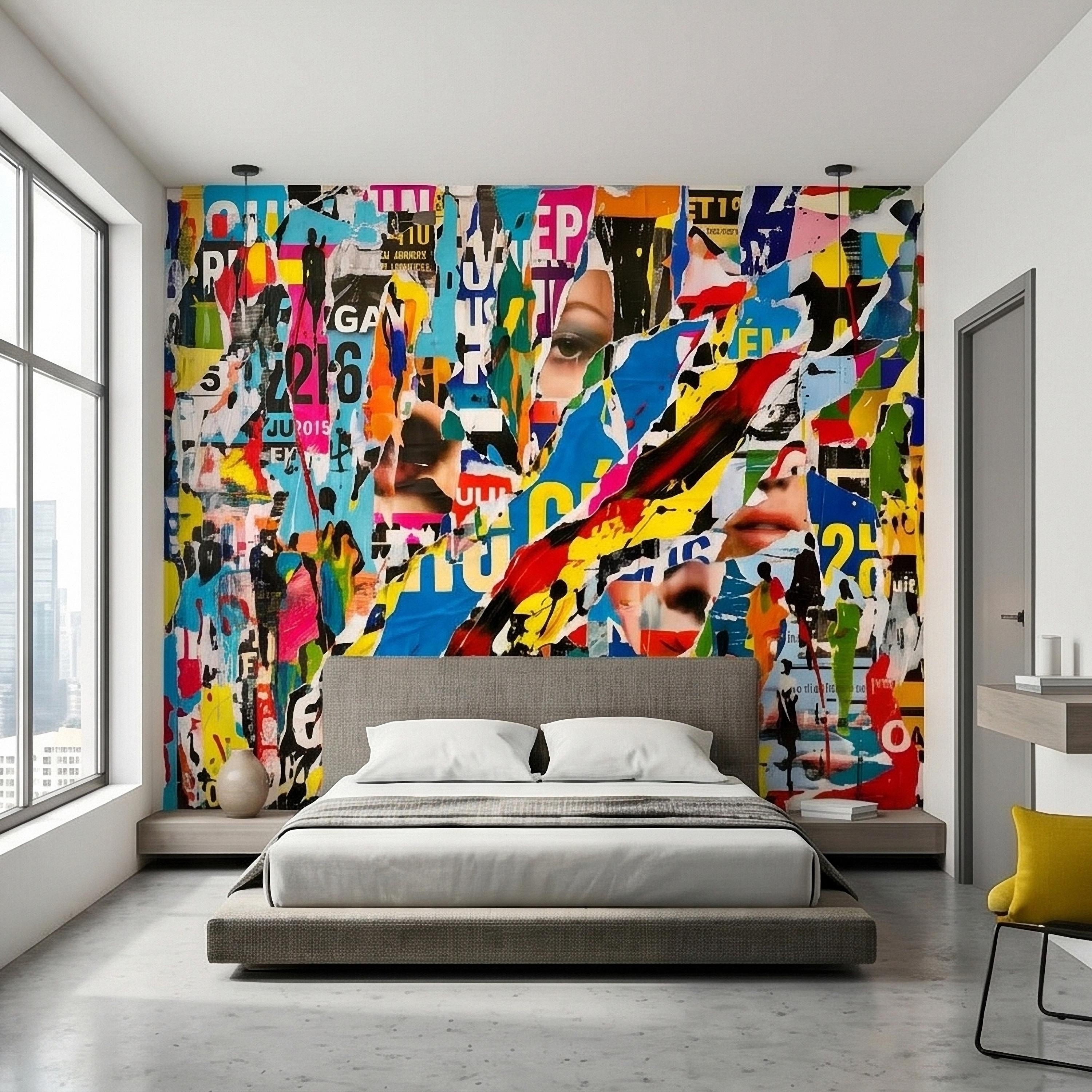 Street Art Torn Poster Collage Peel and Stick Wall Mural, Colorful Ripped Paper Pop Art Faces and Graffiti Layers, Urban Statement Wallpaper