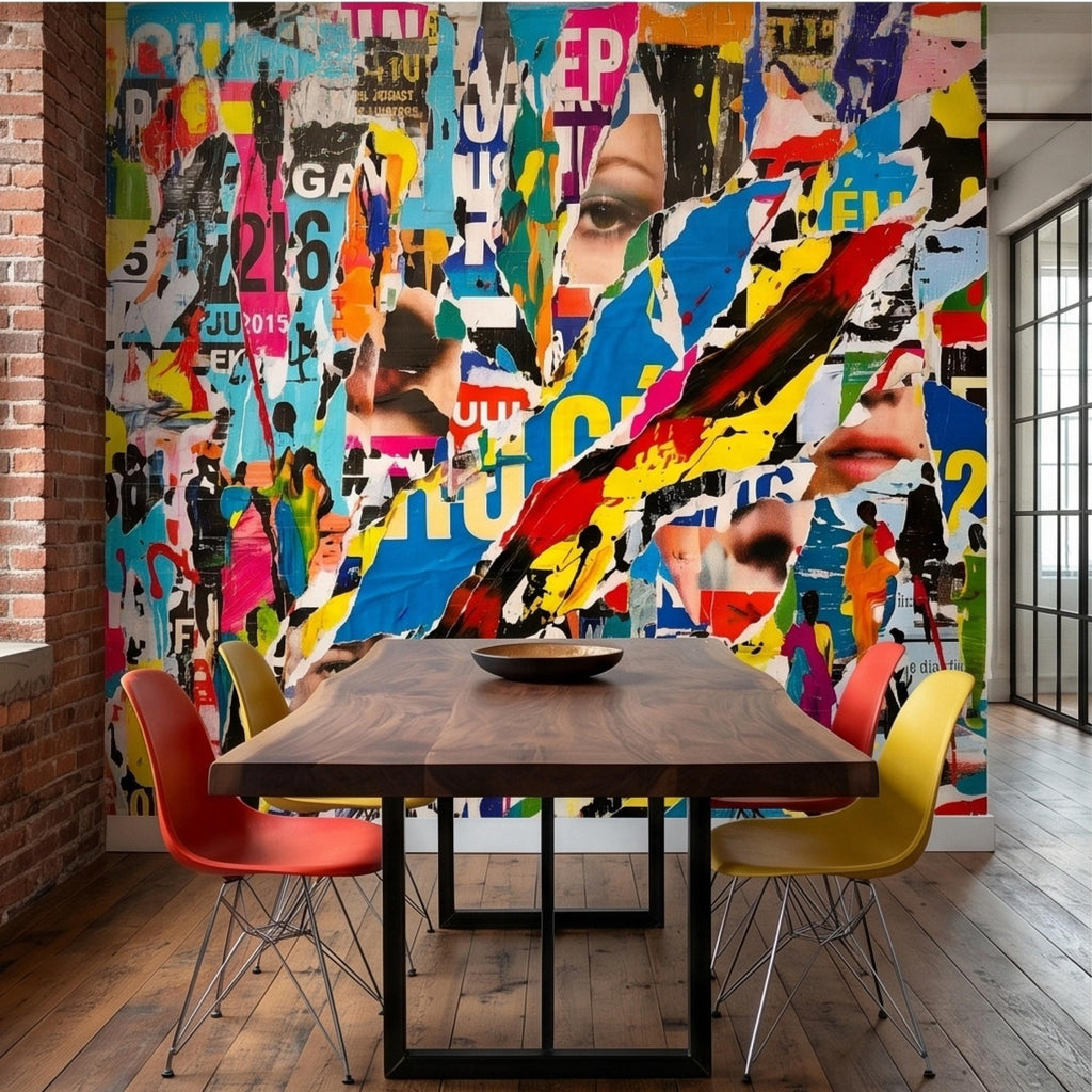 Street Art Torn Poster Collage Peel and Stick Wall Mural, Colorful Ripped Paper Pop Art Faces and Graffiti Layers, Urban Statement Wallpaper