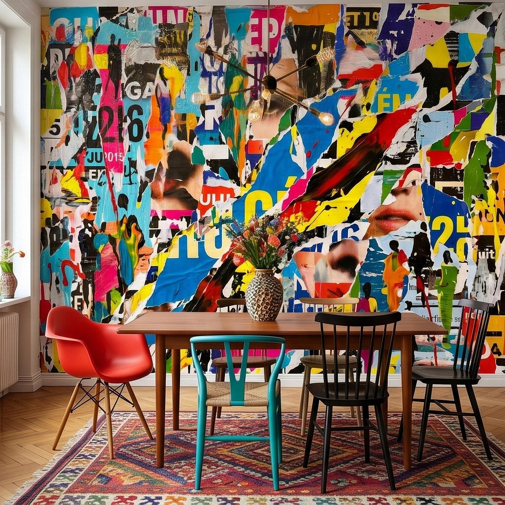 Street Art Torn Poster Collage Peel and Stick Wall Mural, Colorful Ripped Paper Pop Art Faces and Graffiti Layers, Urban Statement Wallpaper
