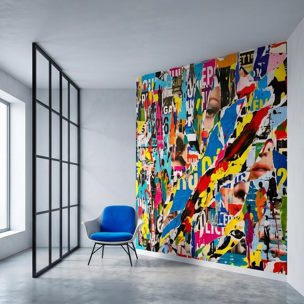 Street Art Torn Poster Collage Peel and Stick Wall Mural, Colorful Ripped Paper Pop Art Faces and Graffiti Layers, Urban Statement Wallpaper