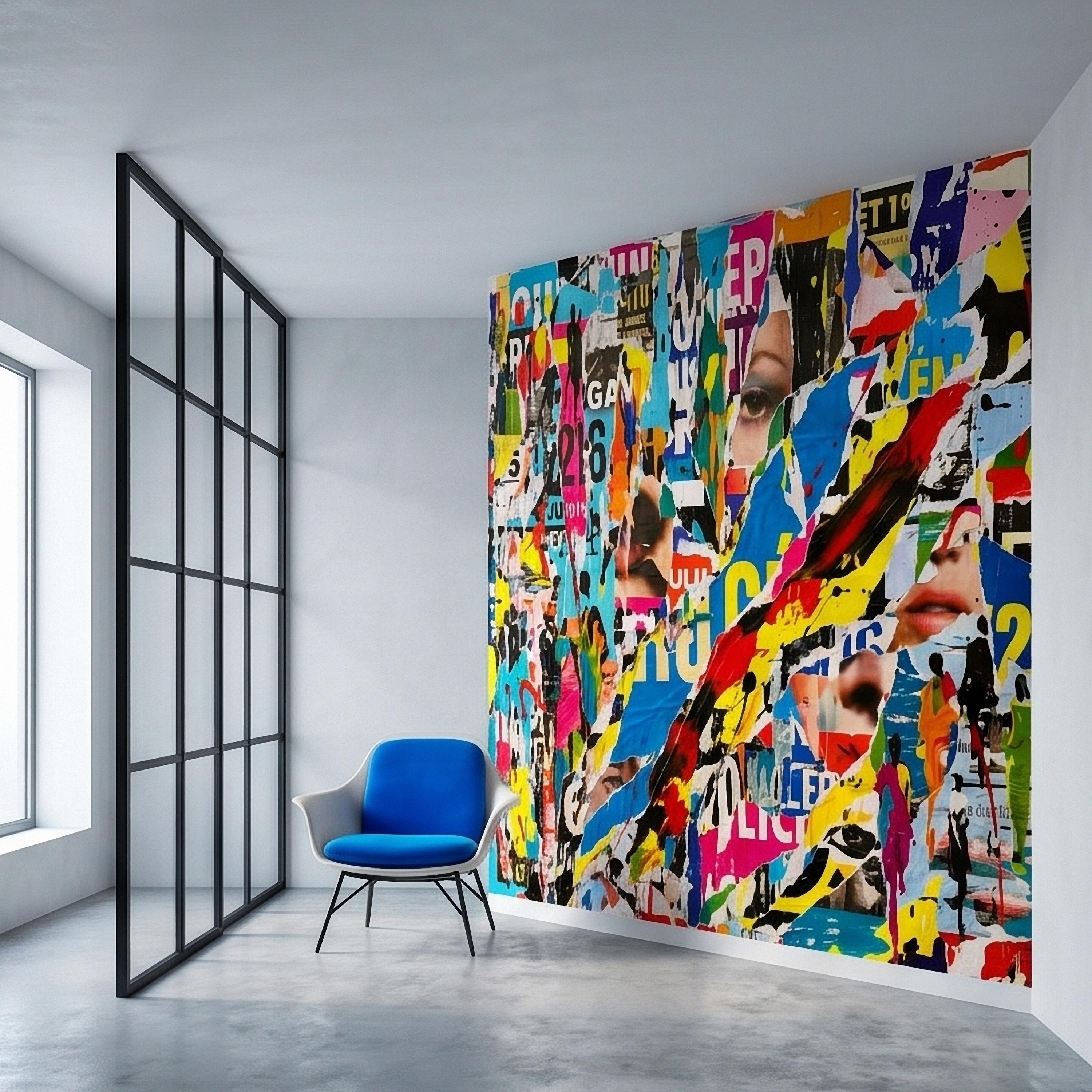 Street Art Torn Poster Collage Peel and Stick Wall Mural, Colorful Ripped Paper Pop Art Faces and Graffiti Layers, Urban Statement Wallpaper