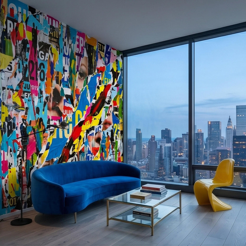 Street Art Torn Poster Collage Peel and Stick Wall Mural, Colorful Ripped Paper Pop Art Faces and Graffiti Layers, Urban Statement Wallpaper