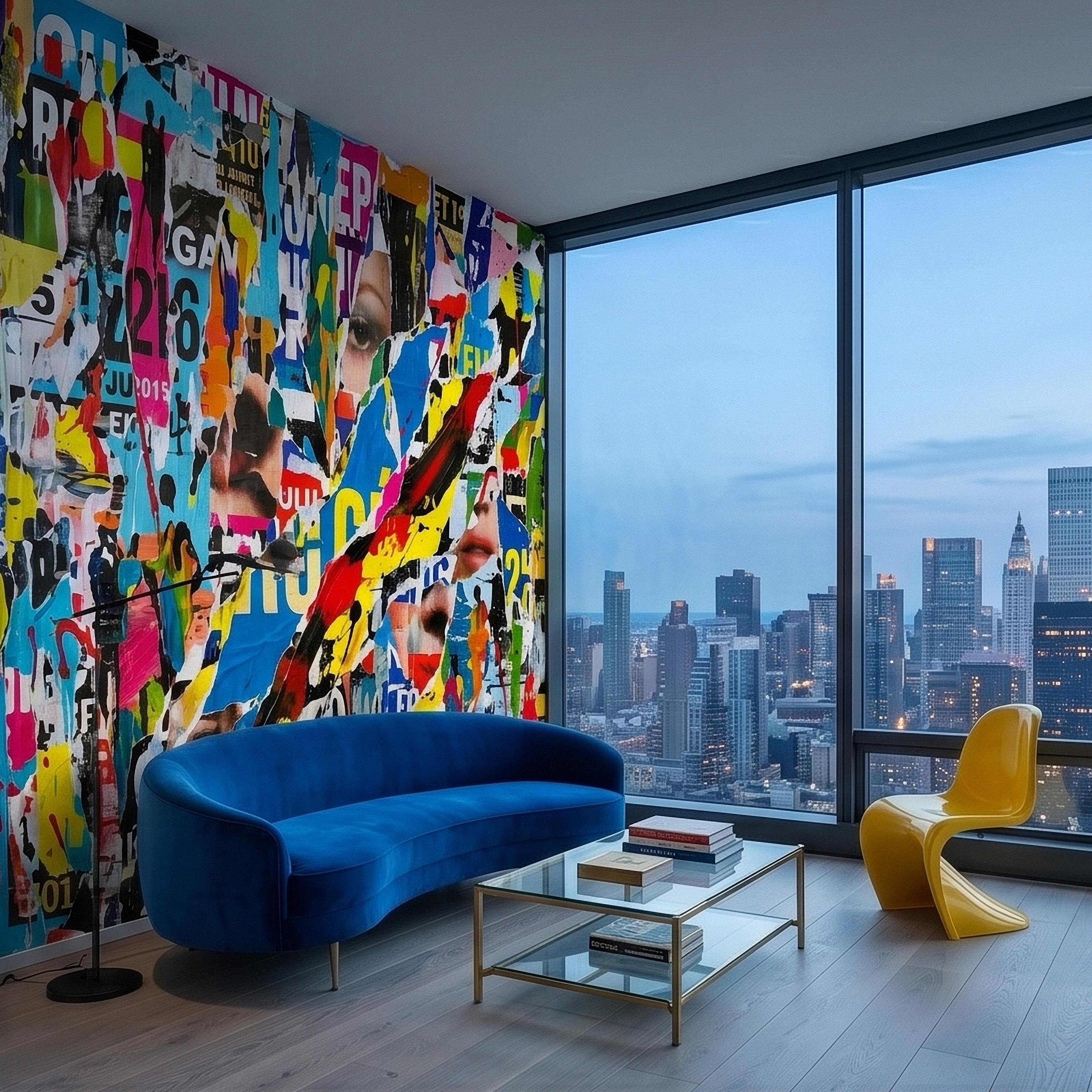 Street Art Torn Poster Collage Peel and Stick Wall Mural, Colorful Ripped Paper Pop Art Faces and Graffiti Layers, Urban Statement Wallpaper