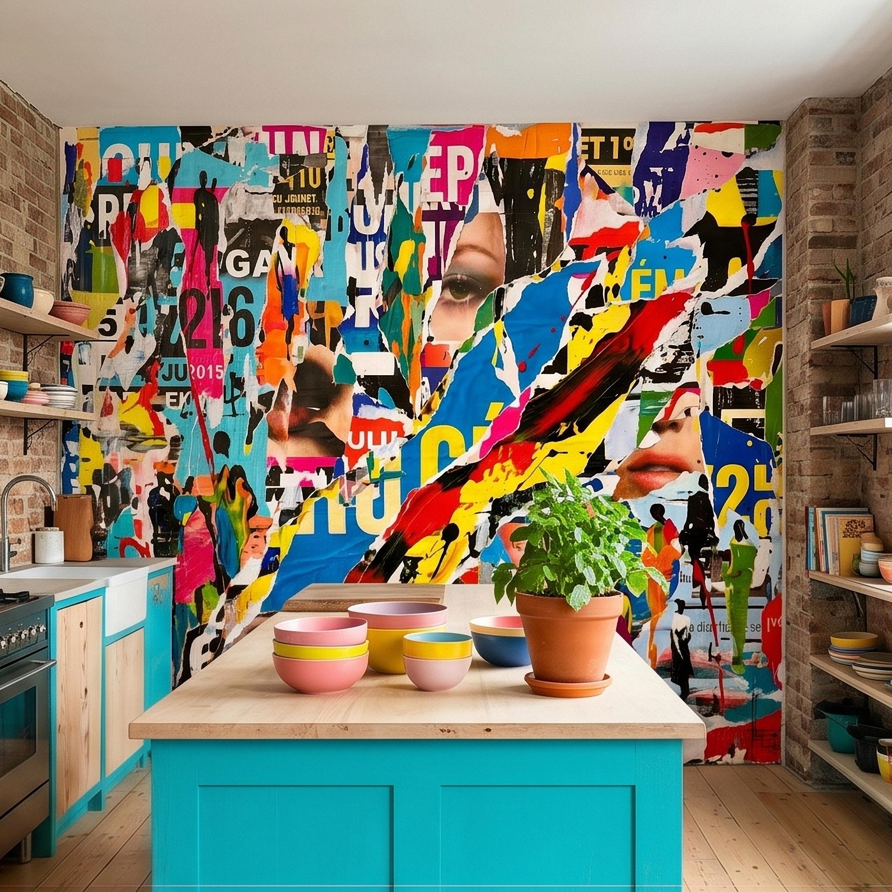 Street Art Torn Poster Collage Peel and Stick Wall Mural, Colorful Ripped Paper Pop Art Faces and Graffiti Layers, Urban Statement Wallpaper
