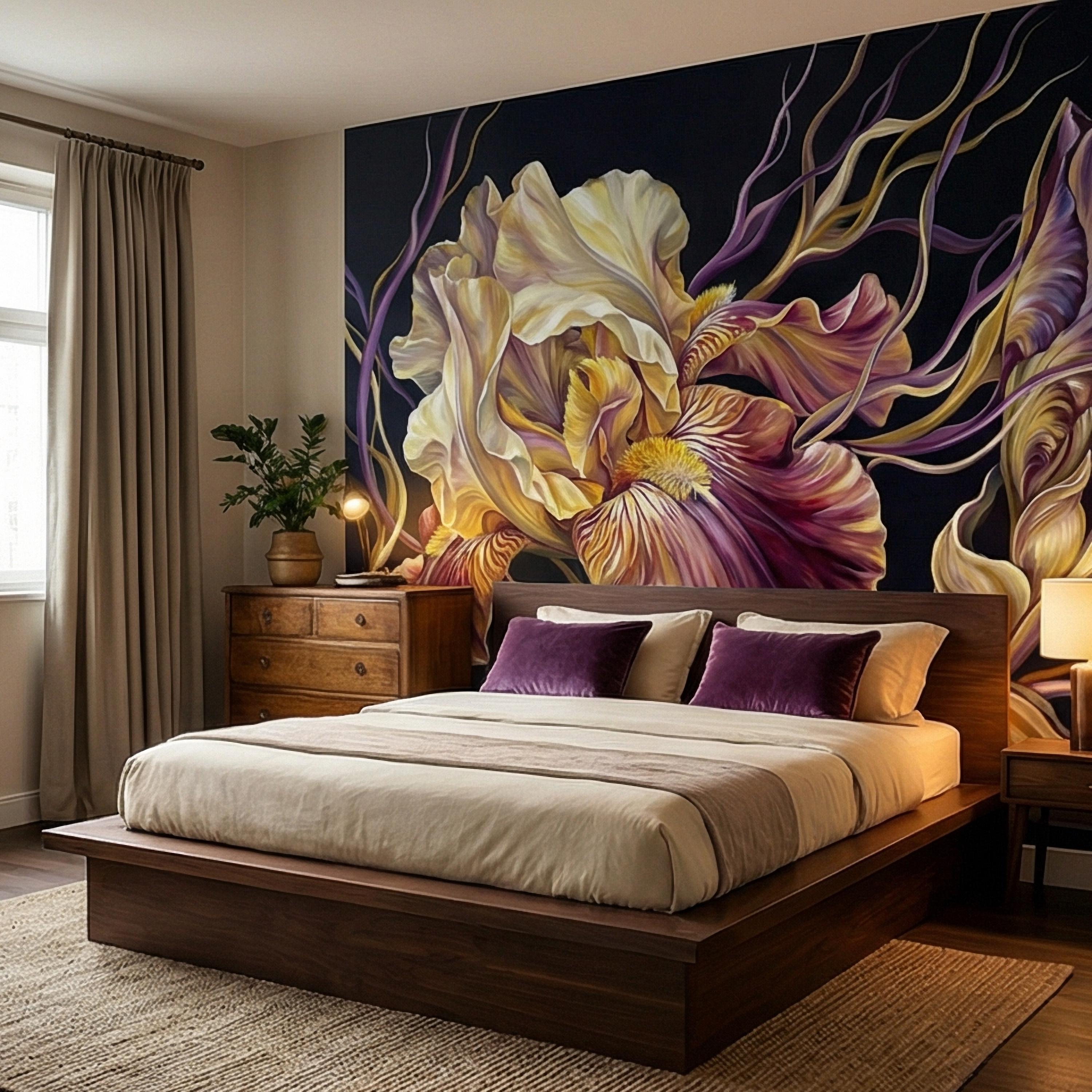 Dramatic Iris Floral Peel and Stick Wall Mural, Moody Purple Cream Botanical Bloom, Large Scale Painterly Dark Floral Statement Wallpaper