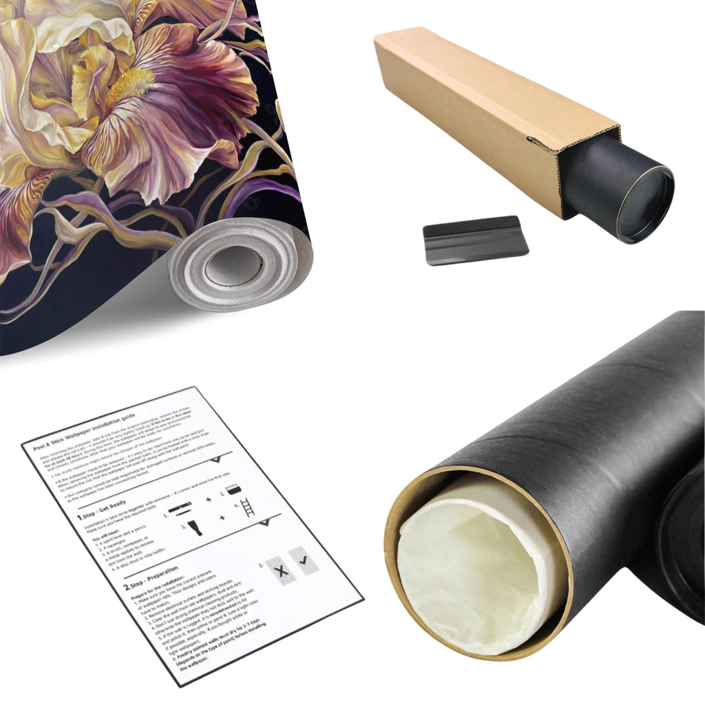 Dramatic Iris Floral Peel and Stick Wall Mural, Moody Purple Cream Botanical Bloom, Large Scale Painterly Dark Floral Statement Wallpaper