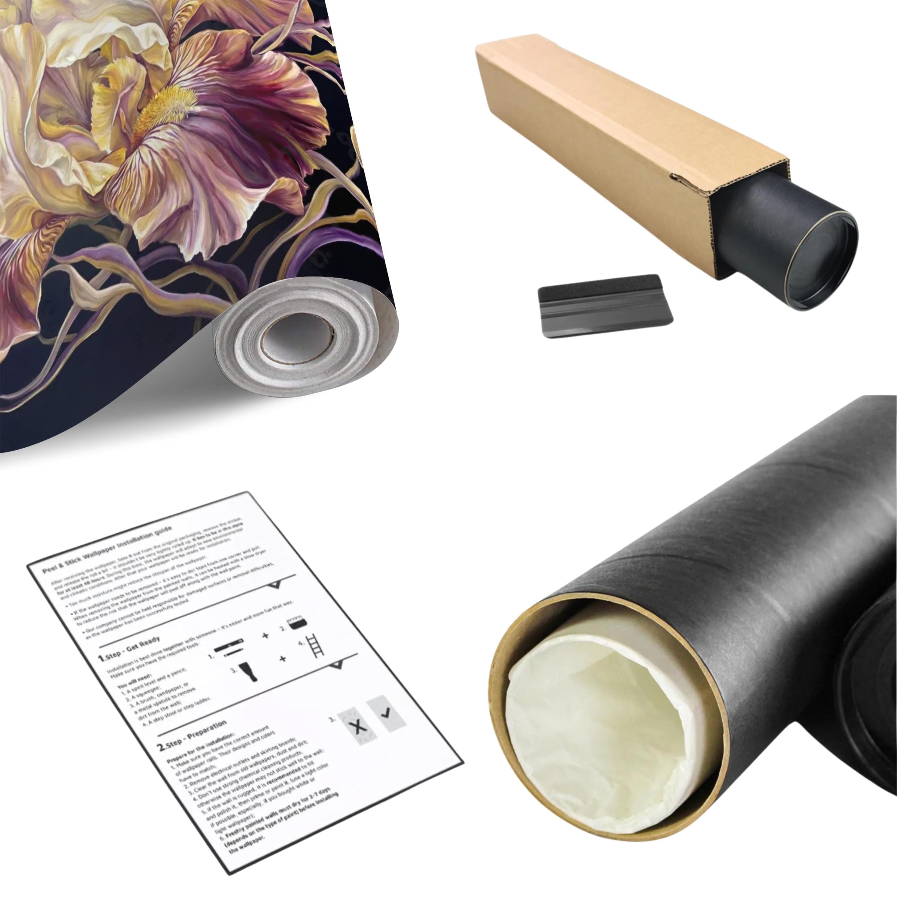 Dramatic Iris Floral Peel and Stick Wall Mural, Moody Purple Cream Botanical Bloom, Large Scale Painterly Dark Floral Statement Wallpaper