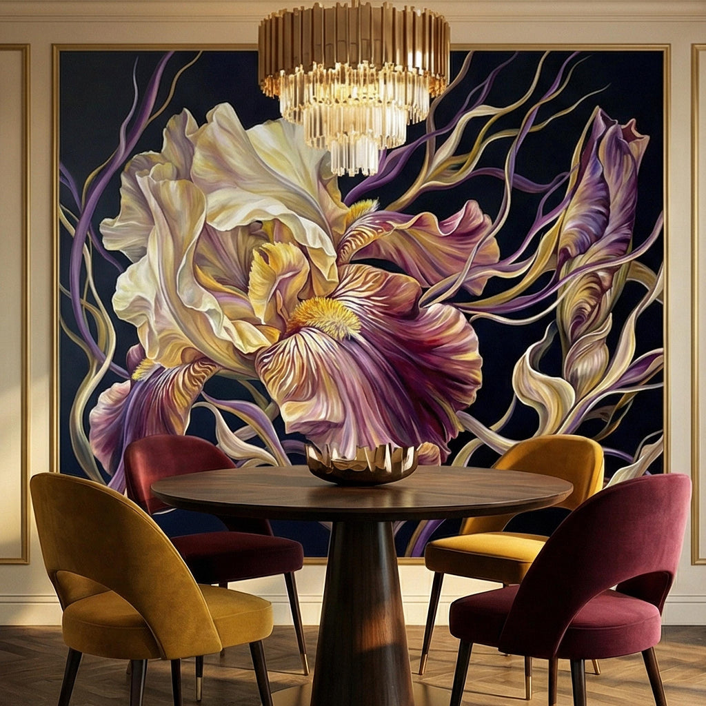 Dramatic Iris Floral Peel and Stick Wall Mural, Moody Purple Cream Botanical Bloom, Large Scale Painterly Dark Floral Statement Wallpaper